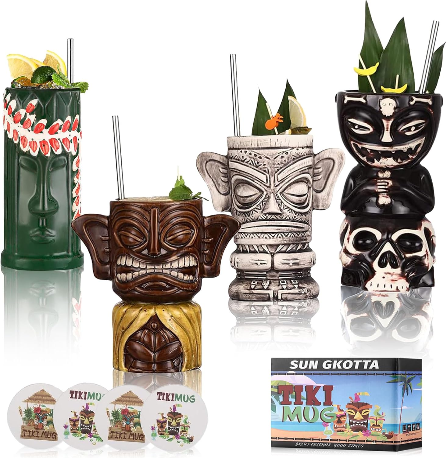 Tiki Glasses for Cocktails Tiki Mugs Set of 4 Ceramic Tiki Party Cups Bar Decor Creative Tiki Mug Set Large Hawaiian Glasses Tiki Drinking Bar Decorations with Coaster and Straws