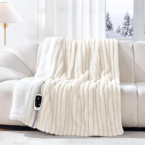 SEALY Manta eléctrica tamaño matrimonial, manta eléctrica de felpa corta a cuadros y sherpa con 10 niveles de calefacción y apagado automático de 1
