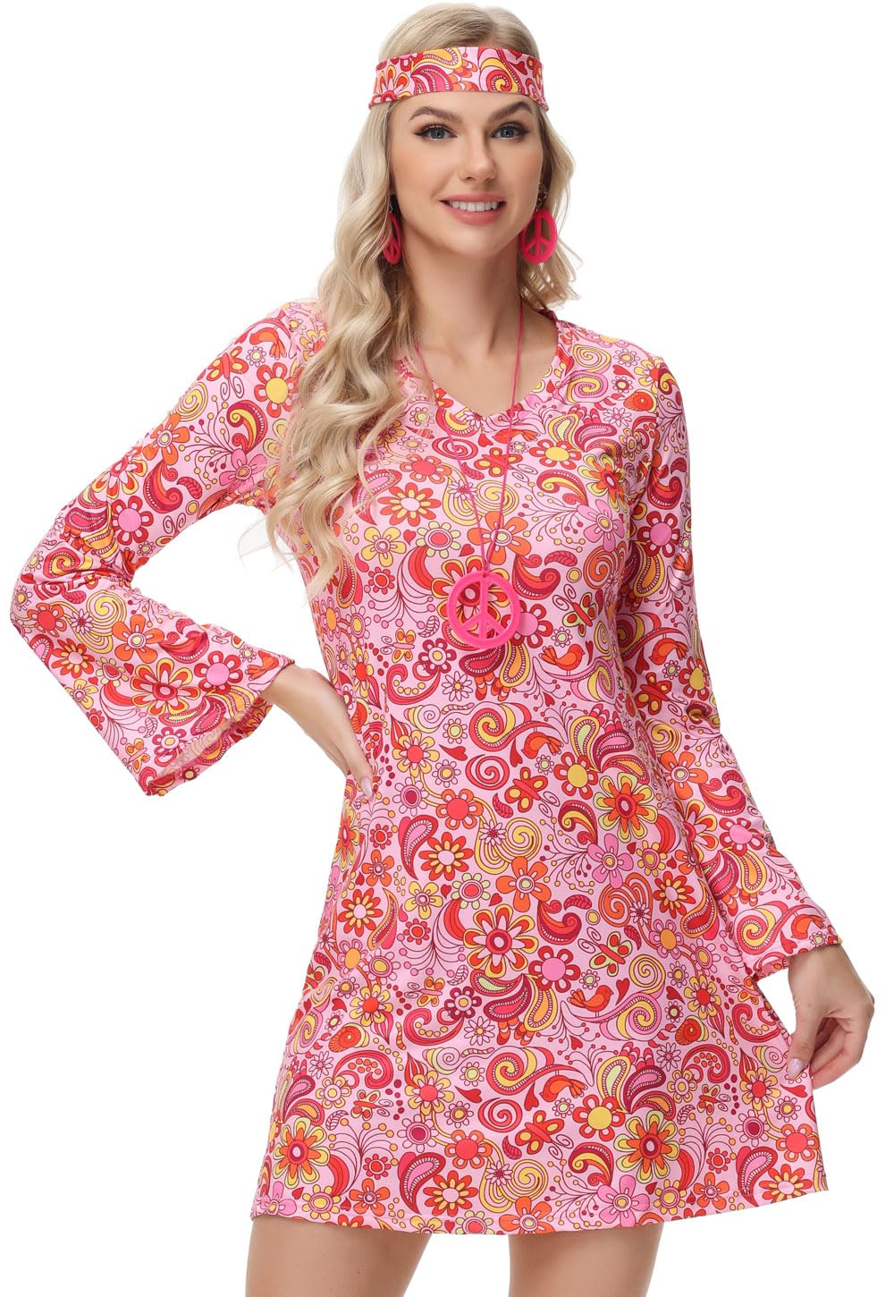Elfin Women's Hippie Dress, 60s 70s Retro Costume with Accessories: Glasses, Headband, Necklace, Earrings for Disco Carnival - Image 4