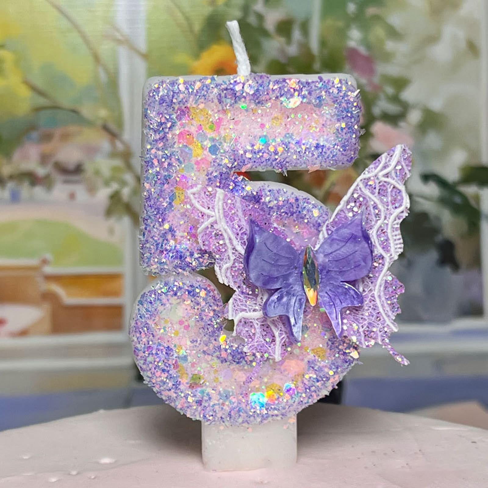 Number 5 Birthday Candle - Non-Toxic Smokeless Sparkle Candle with Butterfly Design for Kids Birthday Party Cake Decoration