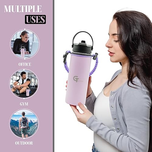 Miniatura 9 de Botella de agua de boca ancha aislada al vacío de acero inoxidable de 25 onzas con 3 tapas y mango de paracaídas para bebidas calientes y frías