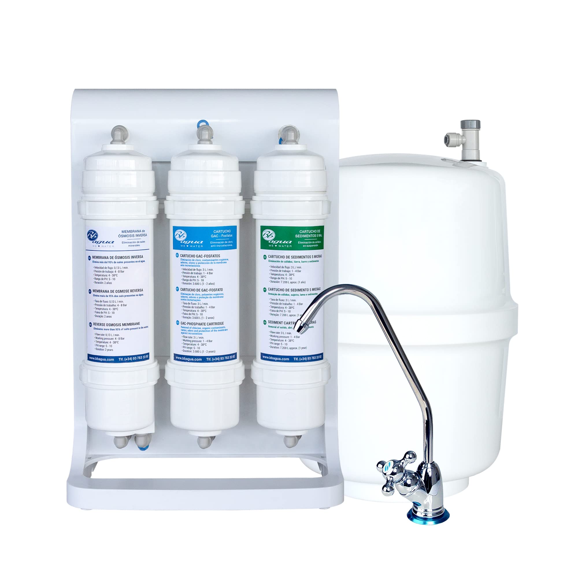 Efficient. Equipo de Osmosis Inversa doméstico de 4 Etapas. Fácil Instalación y cambio de Filtros. Colocación bajo encimera. Incluye Filtros, Membrana y Post Filtro. Bbagua.