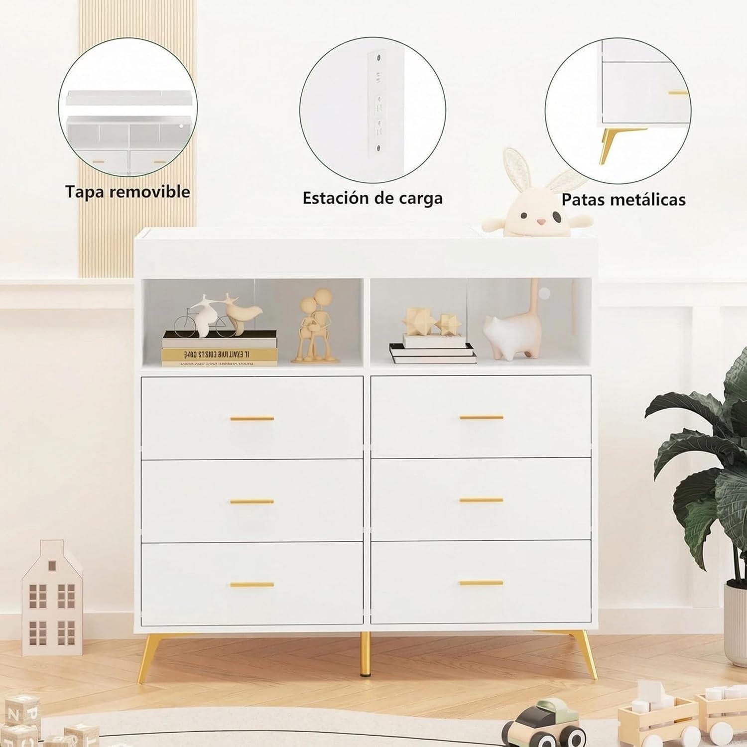Garvee Baby Changing Table Dresser with 6 Drawers & LED Lights, Nursery Dresser with Power Outlet, 2 Open Shelves, Modern Diaper Changing Station and Storage for Bedroom