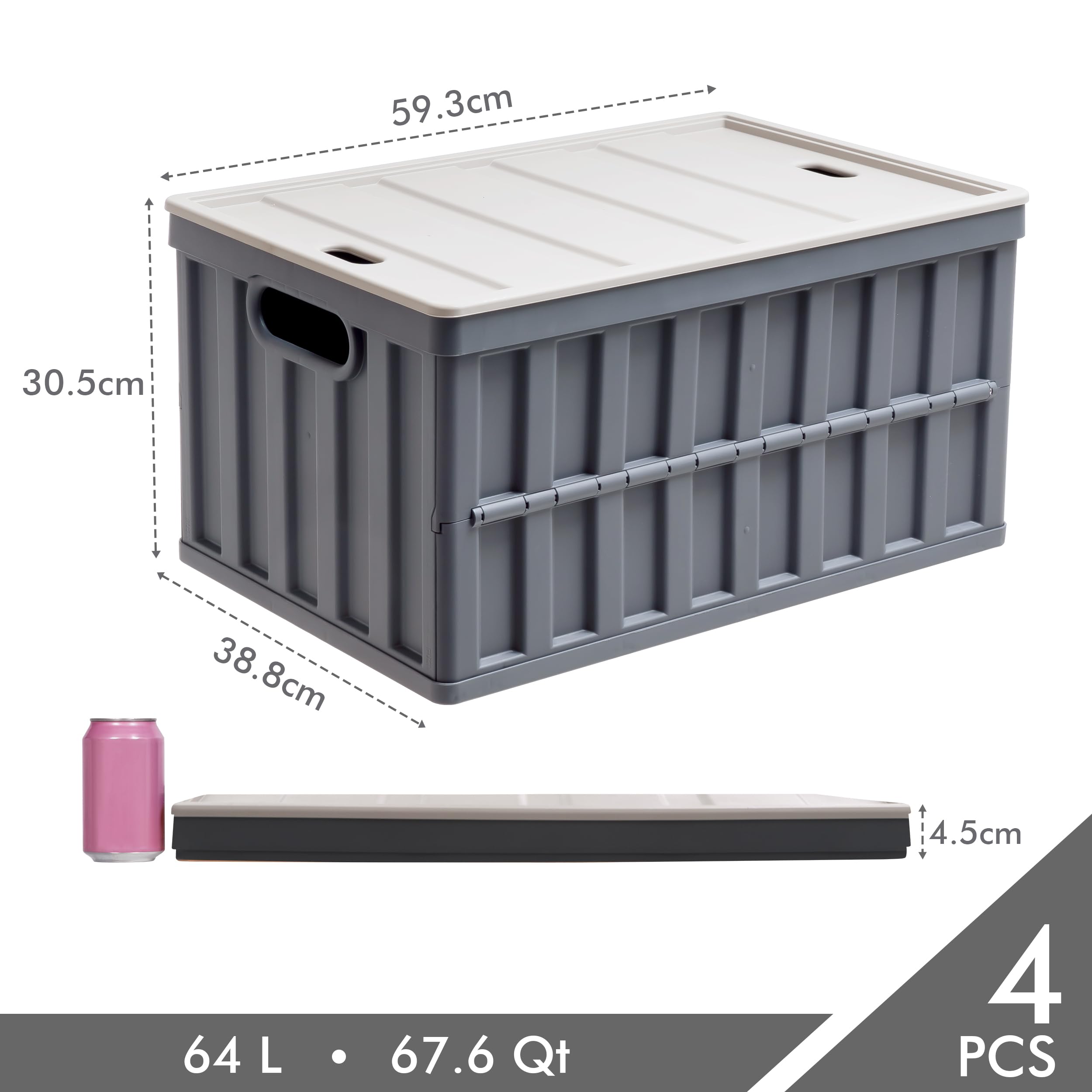 4er Set 64L klappbox Faltbar Stabil Plastik Faltbox, Campingbox Collapsible Transportbox für die Organisation große Heavy Outdoor, Bad, Küche, Büro, Wohnzimmer (Grau)