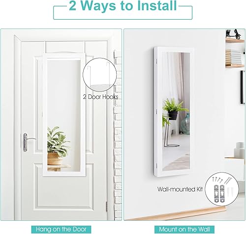 Miniatura 5 de COSTWAY Armario de joyería de espejo de longitud completa, organizador de joyas montado en la puerta de pared con espejo de maquillaje, ranuras para