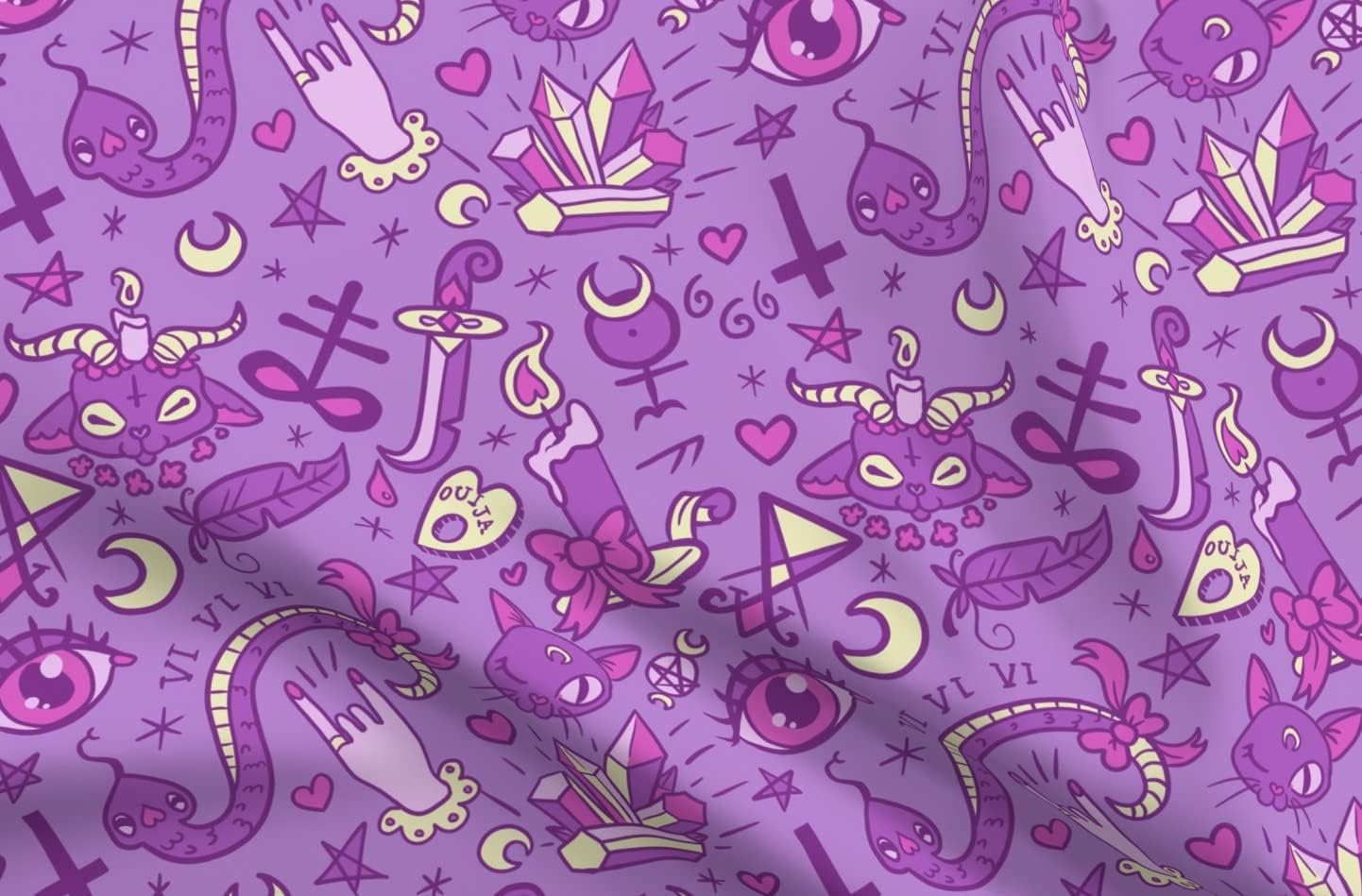 Spoonflower Fabric - Large Cute Occult Purple Magic Halloween Kawaii Cats Witch Printed on Petal Signature Cotton Fabric Fat Quarter - Sewing Quilting Apparel Crafts Decor
