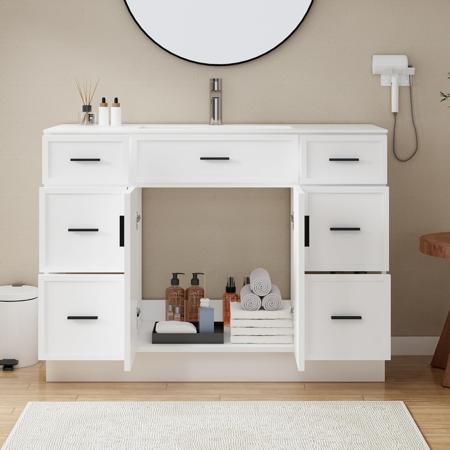 48 Inch Bathroom Vanity with Sink, Modern Farmhouse Bathroom Vanity Cabinet, Freestanding Bathroom Vanity with 2 Soft Closing Doors & 6 Drawers, Bathroom Sink Storage Cabinet, White(48")