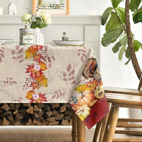Miniatura 3 de Horaldaily Mantel rectangular de Acción de Gracias, 60 x 104 pulgadas, diseño de pavo y calabaza, otoño, cosecha, vintage, lavable, para fiesta,