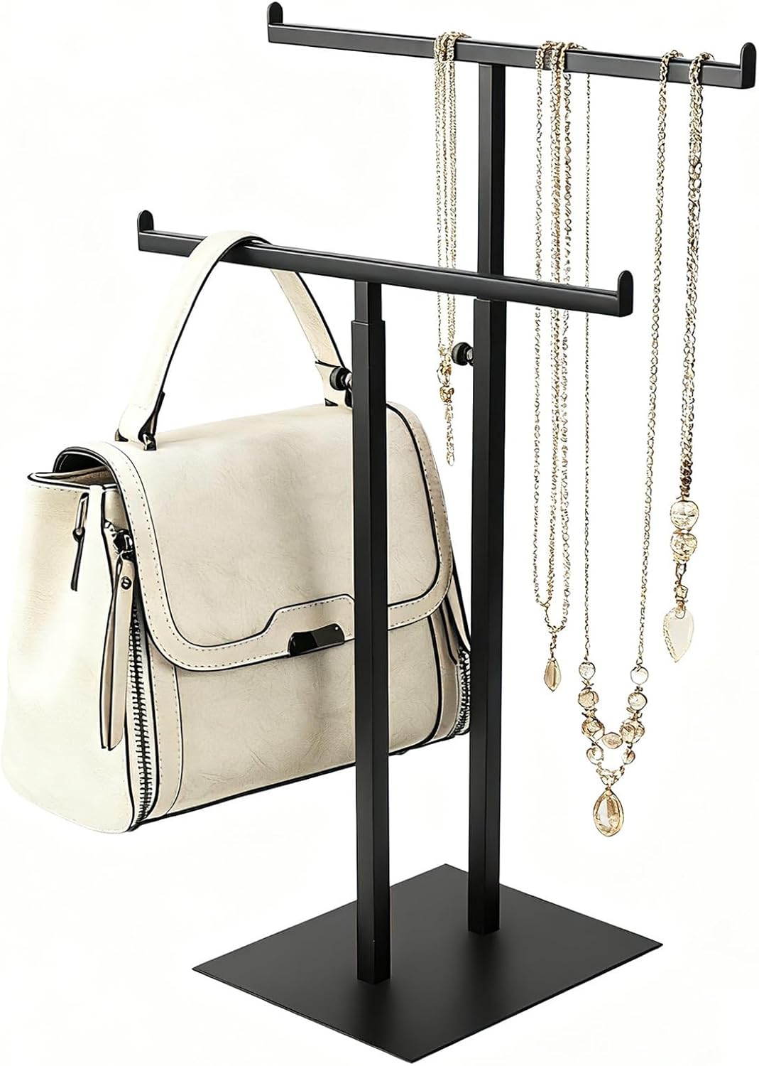 Purse Display Stand Jewelry Towers, Black Double T-Shaped Tabletop Stainless Steel Hook Hanging Adjustable Height Handbag Holder for Organizer Luxury Bags Necklaces Home Store Boutique Retail Closet