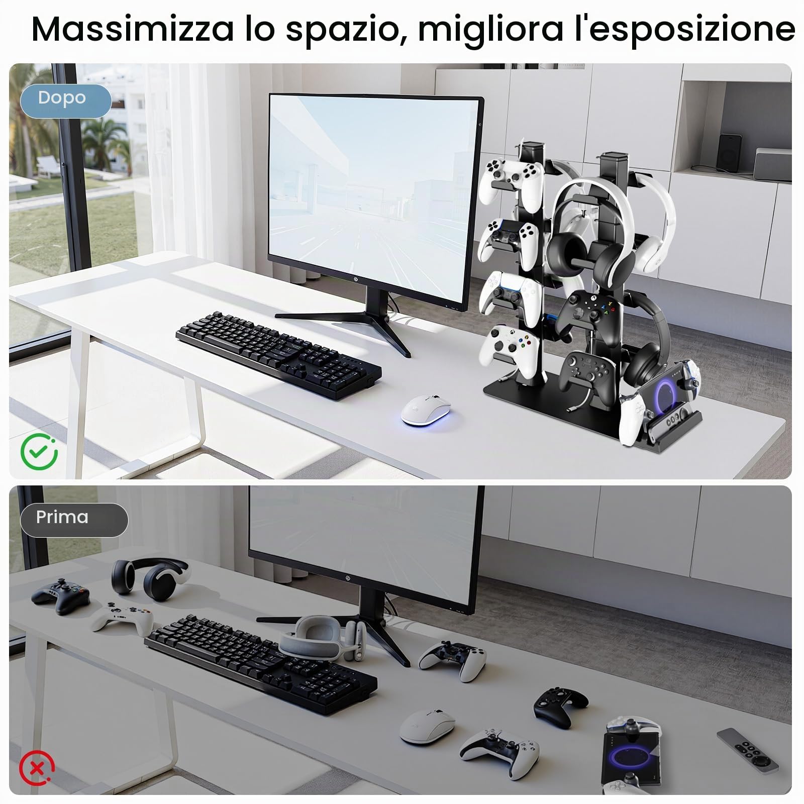 Porta Controller Gaming e Cuffie da Scrivania, Supporto Joystick a 4 Livelli con Organizer per Console Switch 2/1/PS Portal, Supporto Controllor e Cuffi con 16 Ganci, Organizer per Controller e Cuffi