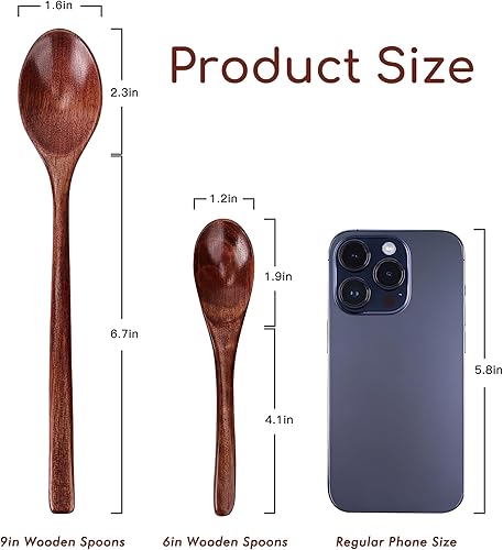 Miniatura 2 de Juego de 6 cucharas de madera de 9 pulgadas y 6 cucharas de sopa de madera de 6 pulgadas, para comer, mezclar, revolver, sales de baño de mermelada