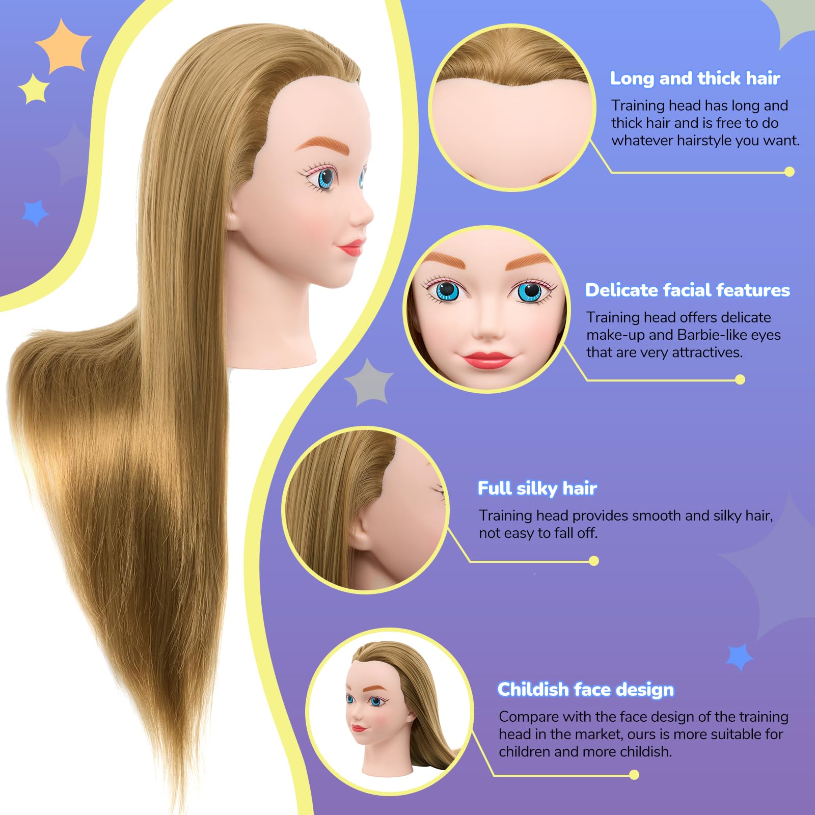 Frisierkopf mit Übungskopf ständer,Frisierkopf Echthaar 100% Synthetisches Haar Puppenkopf zum Frisieren Trainingsköpfe für Friseure Ausbildung Kopf Mit Halter + DIY Haare Set(Blond)