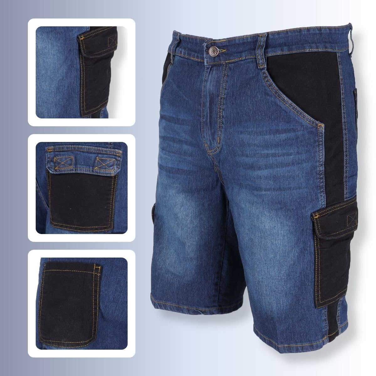 Dedra Jeans-Shorts, Kurze Arbeitsjeans, Denim-Shorts, Gewebegewicht 280 g/m², Slim-Fit-Design, Funktionale Schwarze Taschen - Zwei mit Klettverschluss, Einsätze aus elastischem Material, Metallknopf