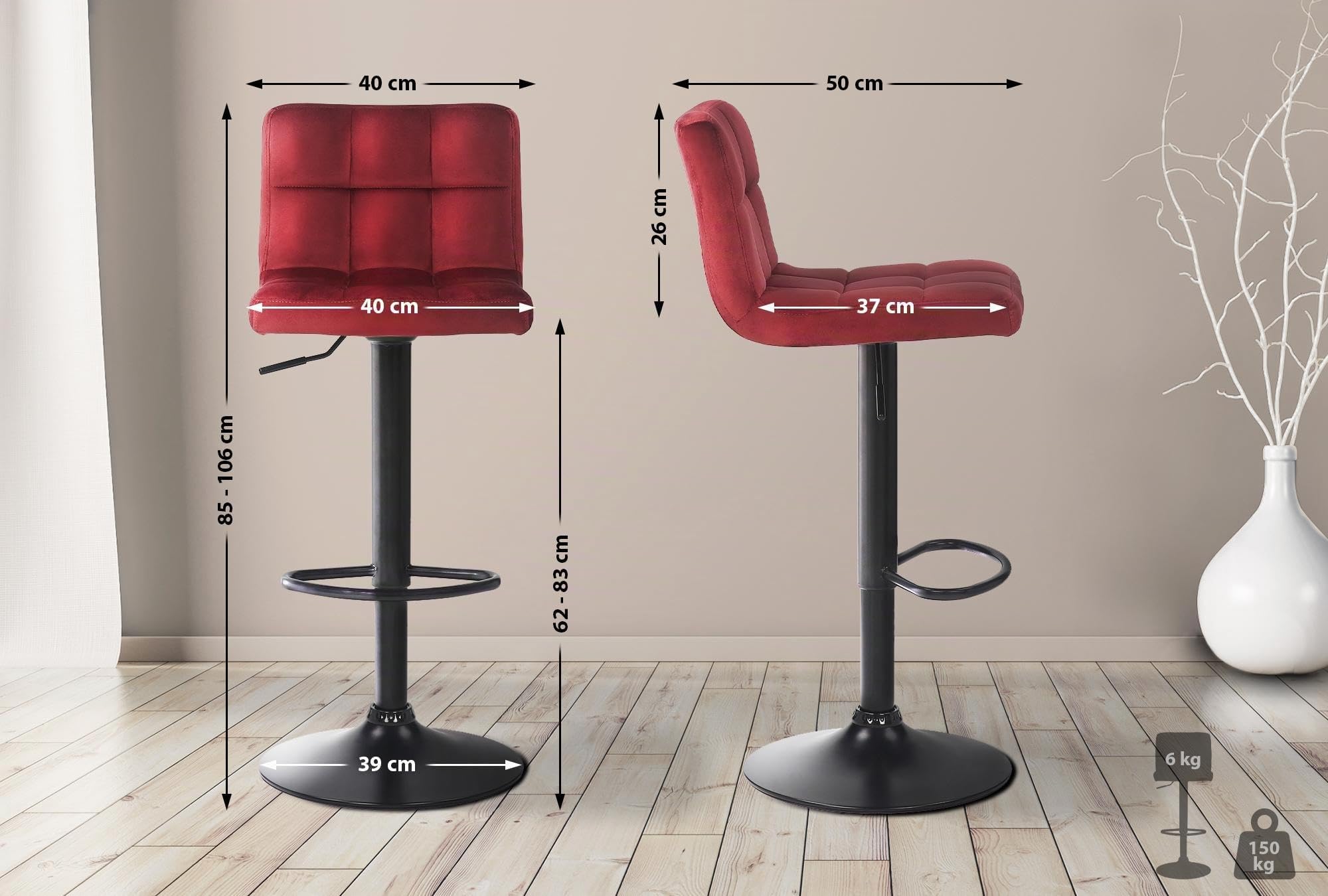CLP Lot De 2 Tabourets De Bar Feni en Velours I Assise Rembourrée I Piètement Métal Noir I Repose-Pieds I Pivotant I Hauteur Réglable | Couleur Rouge