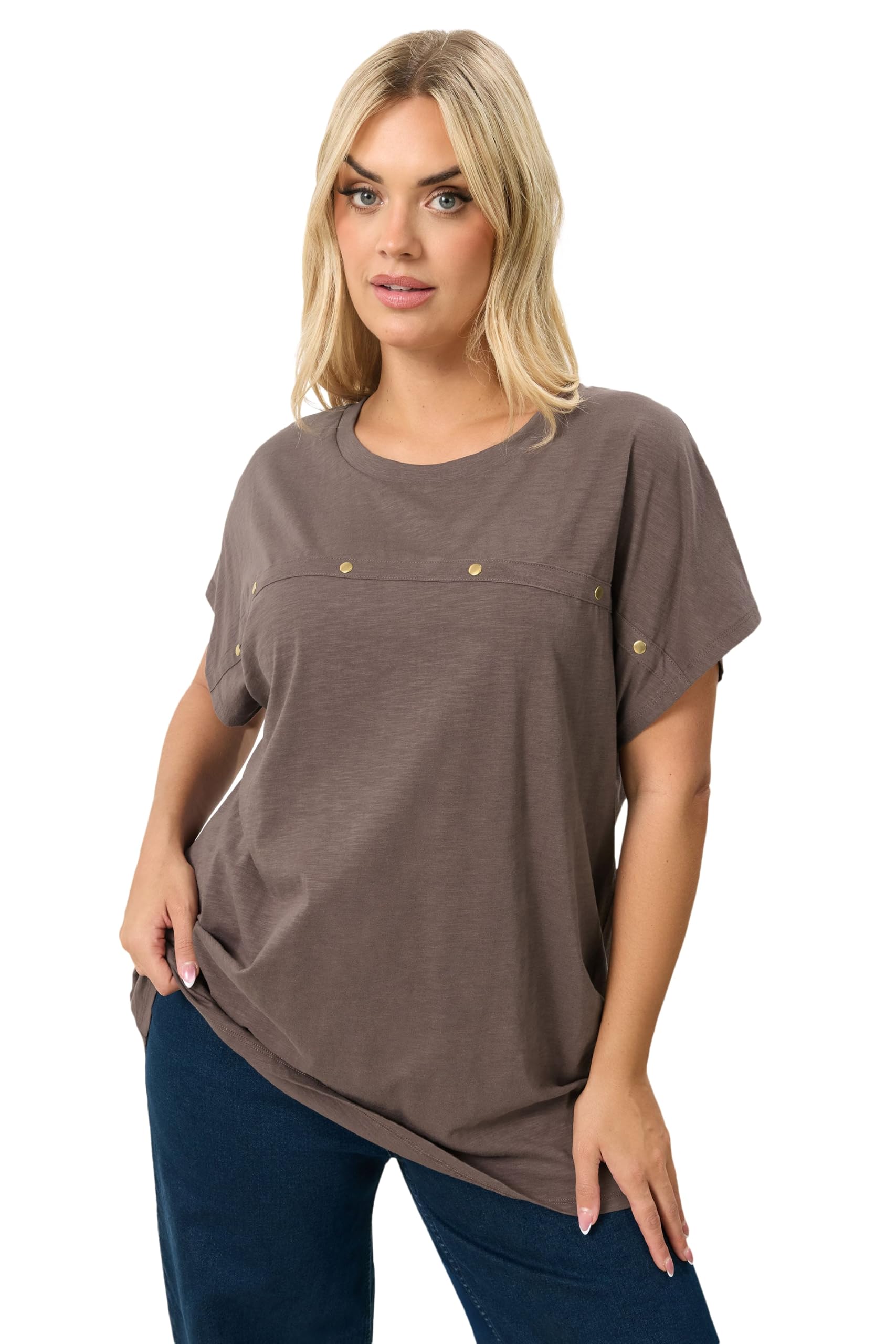 Yours Women's Chocolate Curve Brown Stud Grown-On Sleeve T-Shirt - Plus Size Curve