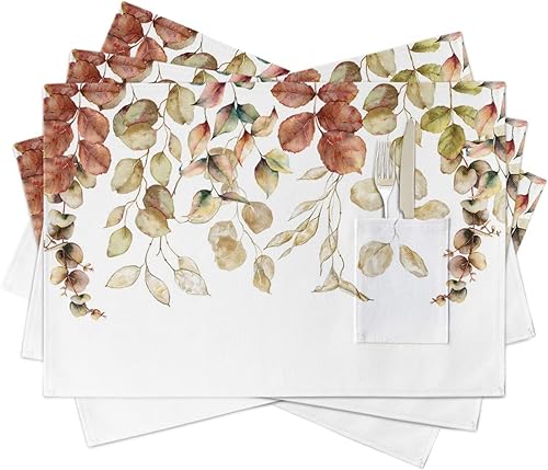 Autumn Leaves Table Placemats for Dining Table Set of 4,Cotton Linen Cloth Kitchen Place Mats with Pocket,Washable SquareRectangleRoundOblong Table