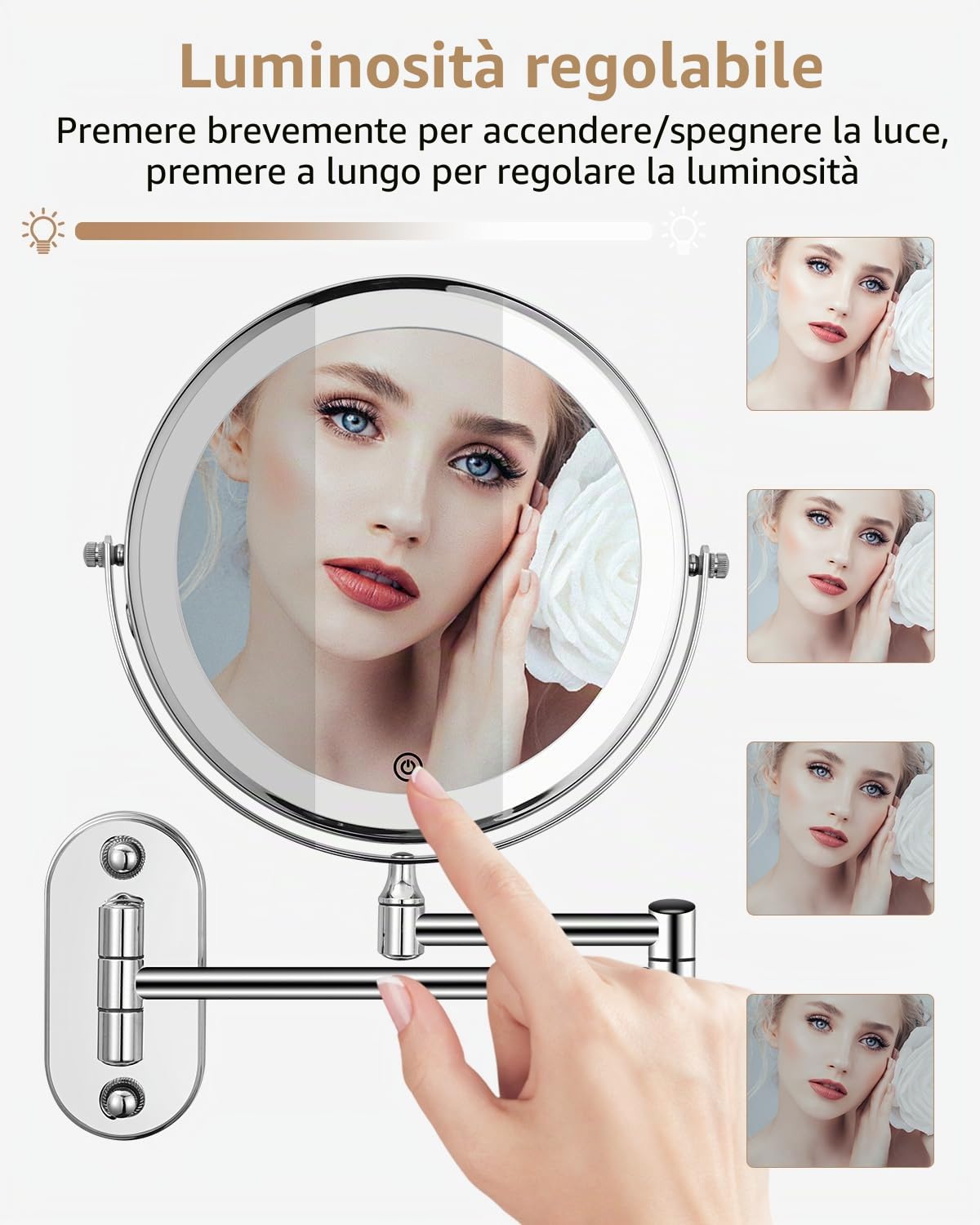 Specchio cosmetico con Ingrandimento, a LED da barba da parete girevole a 360° per bagno con illuminazione 1X / 10X