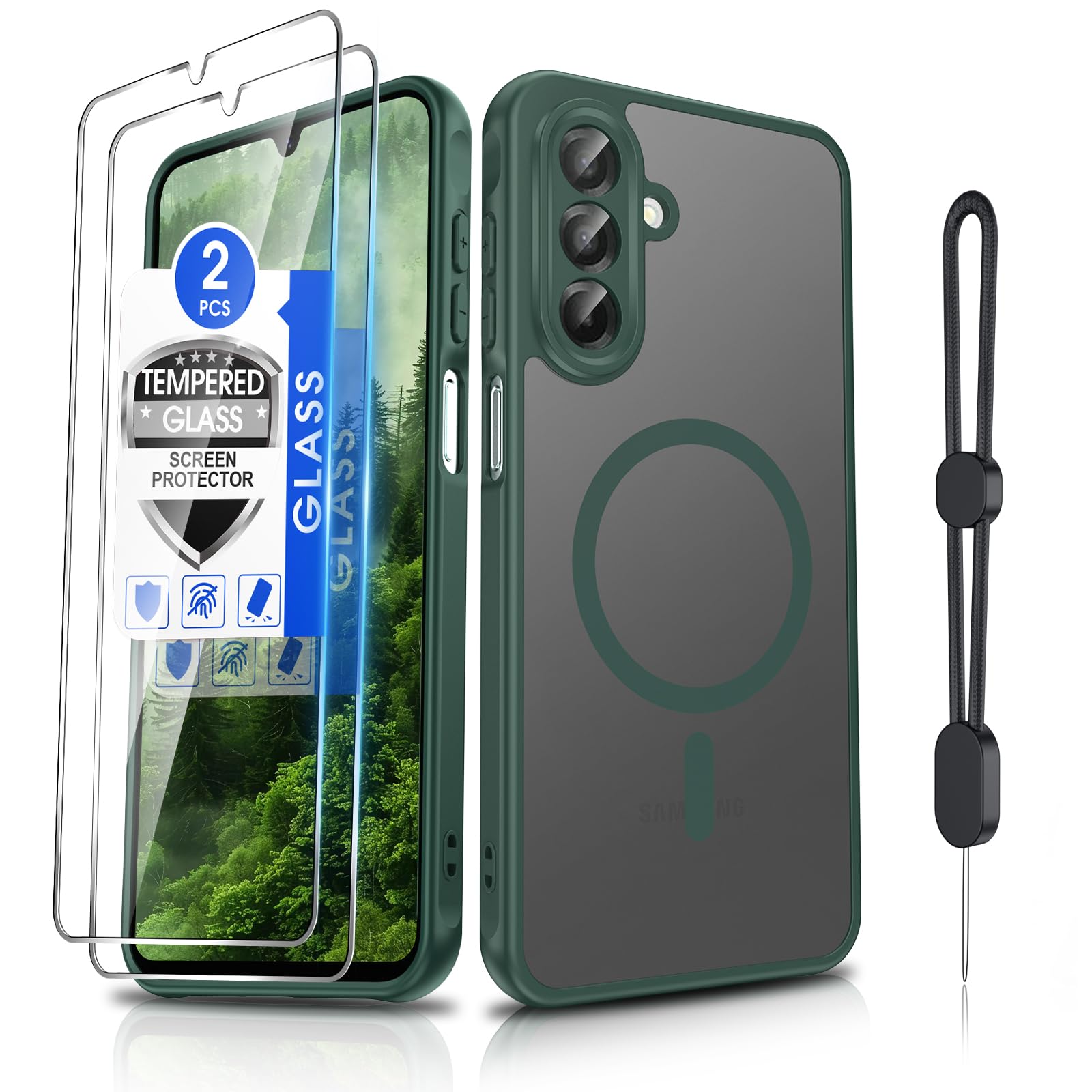 Dizn Magnetic Phone Case for Samsung Galaxy A26 5G,with 2 Tempered Glass,Fit for MagSafe,Cell Phone Wrist Band, Matte Translucent Thin Soft, Protection Cell Cover for Samsung Galaxy A 26,Green