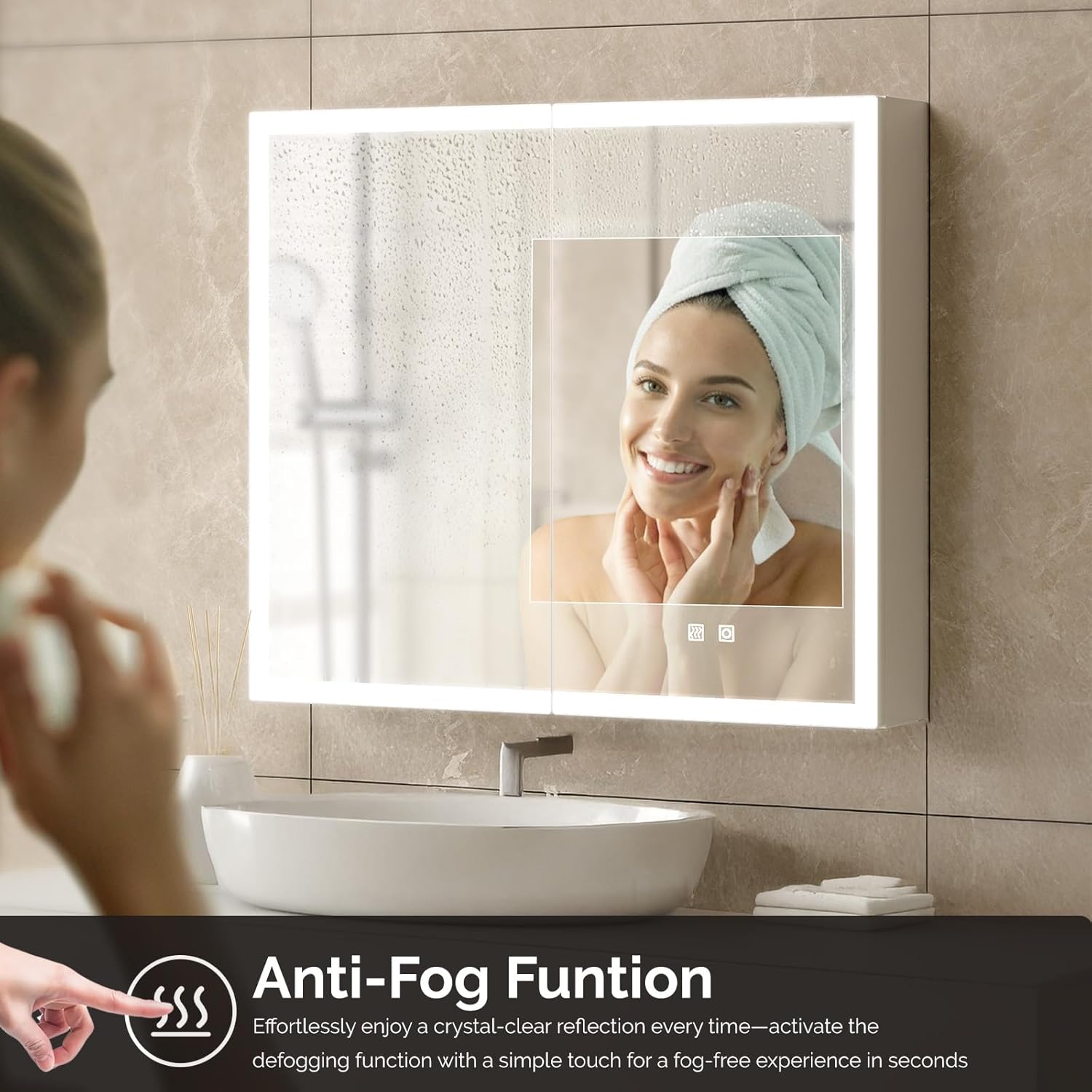 Woman wiping a fogged mirror, with a clear section showing after anti-fog function is activated