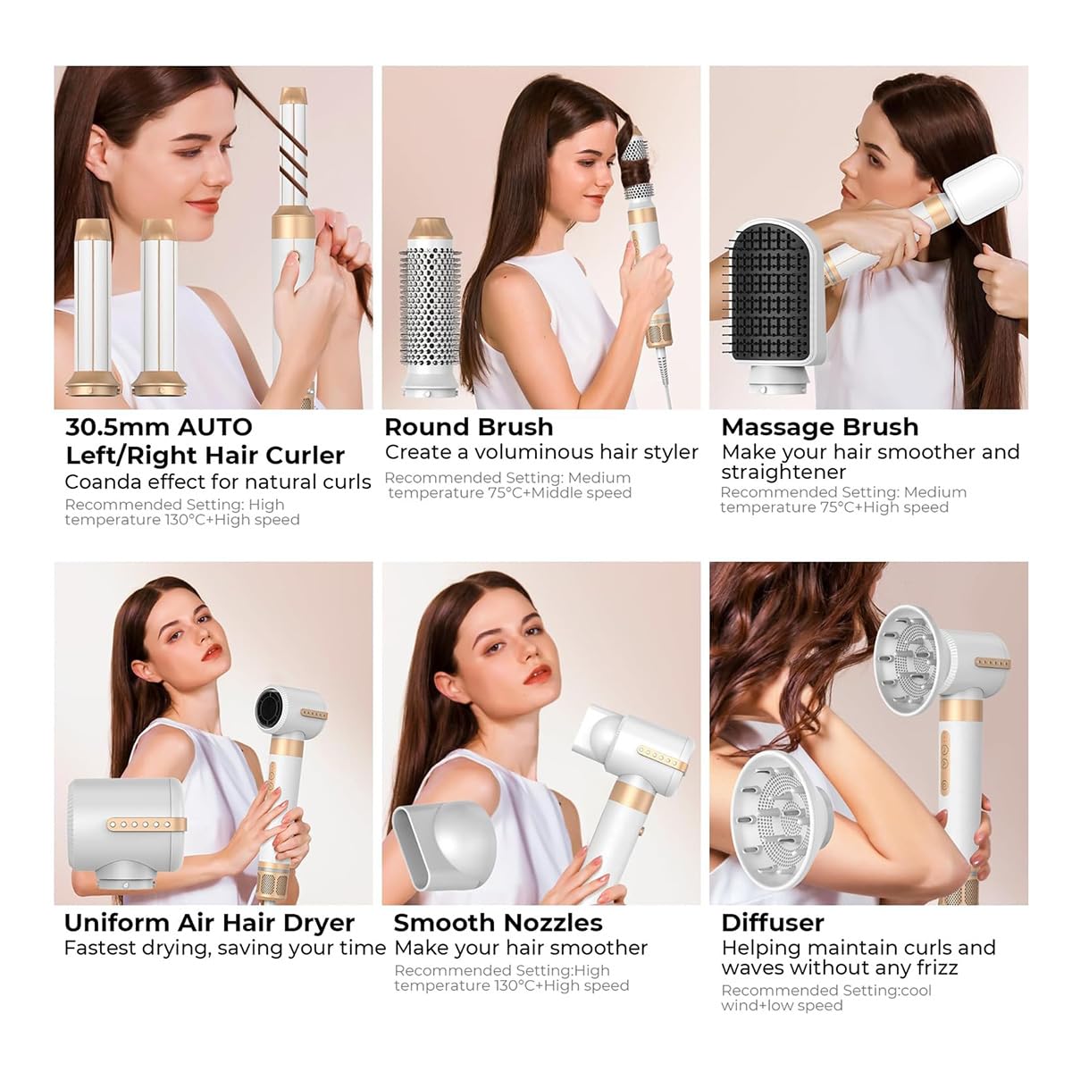 Hot Air Styler 7 en 1 – Secador de Pelo Profesional con Motor 110,000 RPM, Rizador con Efecto Coanda, Tecnología Iónica y 7 Cabezales Intercambiables