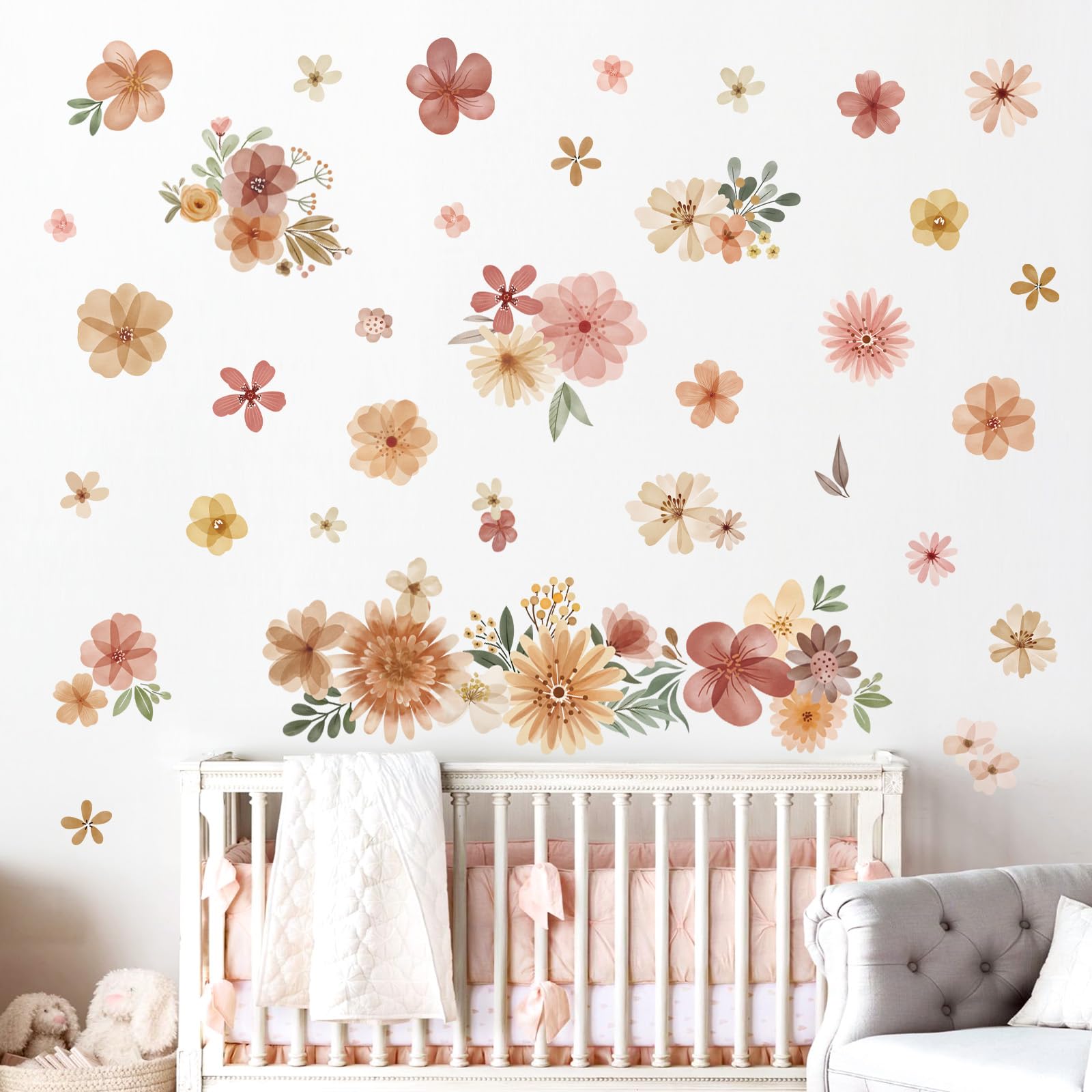 decalmile Boho Daisy Flower Wall Decals Bohemian Retro Watercolor Floral Wall Stickers Baby Nursery Girls Bedroom Living Room Wall Decor - Image 3