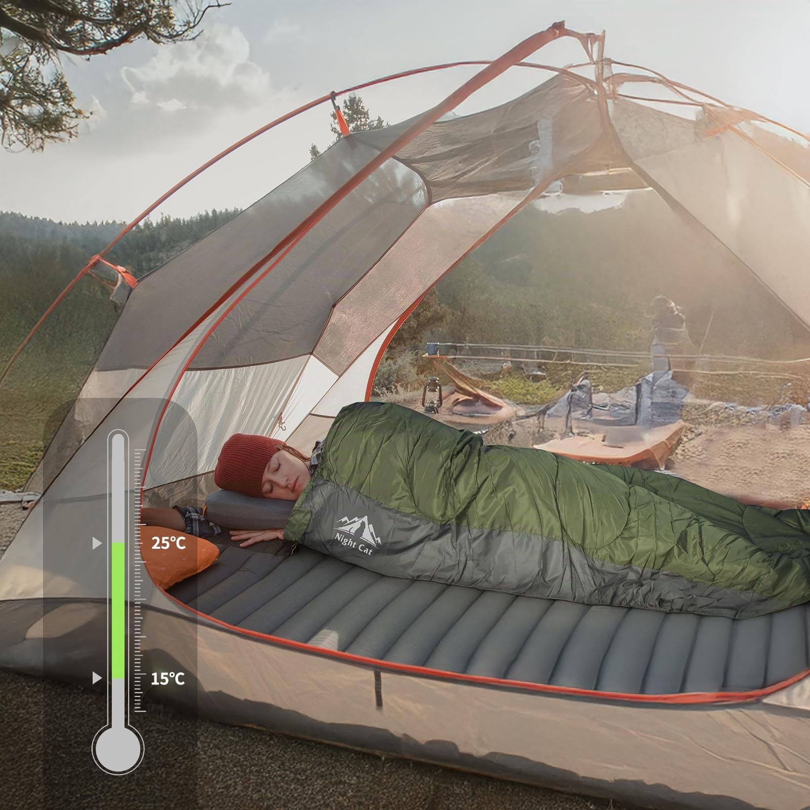 Night Cat Sacco a Pelo da Campeggio per Adulti 3 Stagioni Portatile Leggero Zaino in Spalla Escursioni Viaggi all'esterno Raccomanda 5℃-15℃, 80x190cm per Passare ad una Trapunta o una Coperta