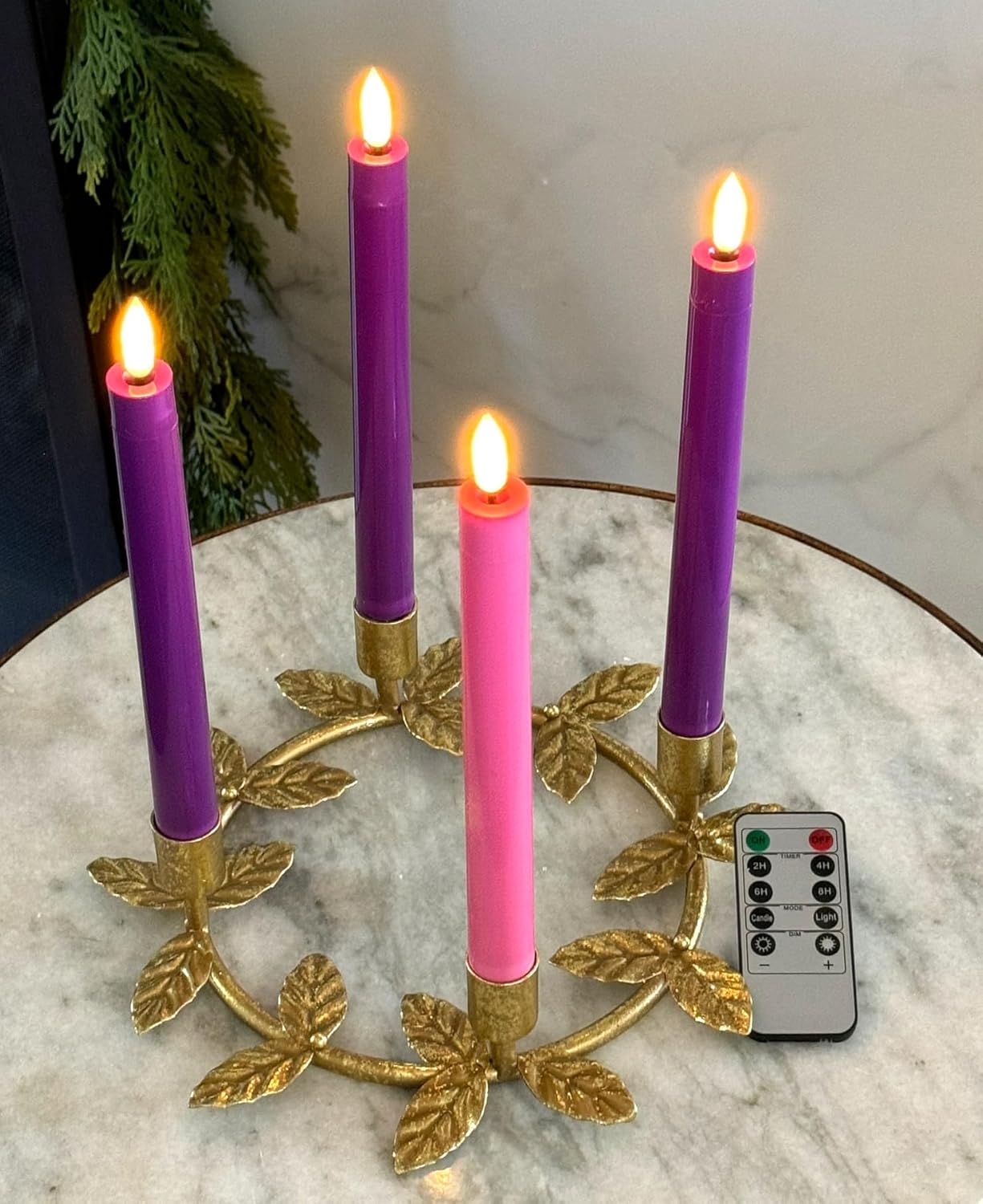 flameless advent candle set 4-piece led advent taper candles purple and pink - soft white flickering flame - remote control