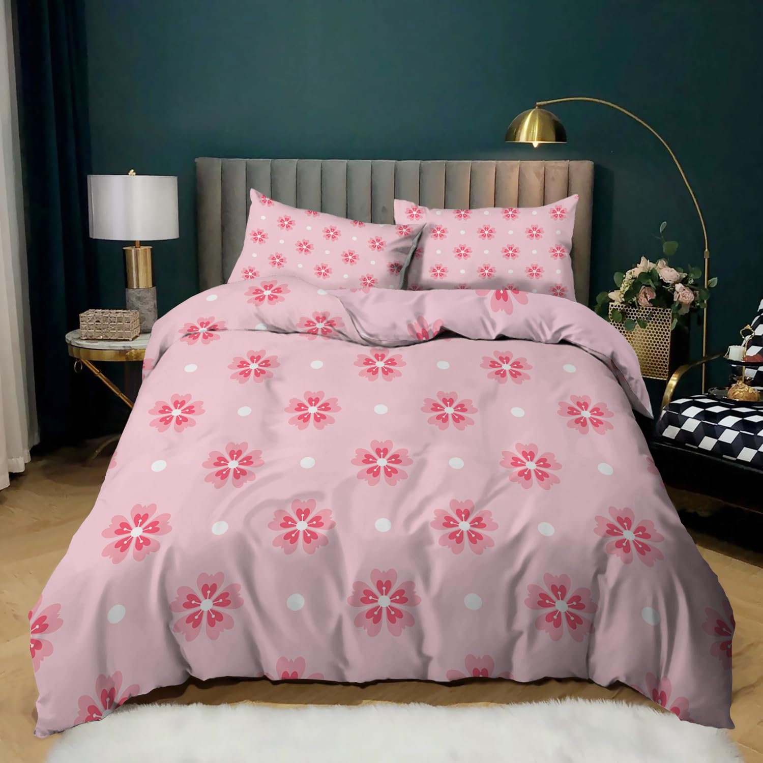 Copripiumino 135x200 Floreale Rosa, Stampa di Dolci Fiori Rosa e Pois Bianchi, Set Letto per Bambini, Bambine e adulti, Setcopripiumino Reversibile 2 Pezzi, Set Letto in Morbida Microfibra, Singolo