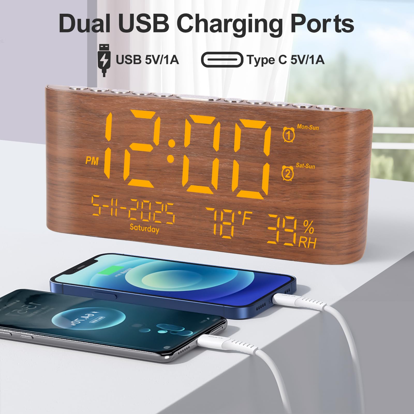 PPLEE Sveglia digitale da 22,1 cm per camera da letto, con giorno della settimana, mese, anno, umidità e temperatura, luminosità snooze, 2 sveglie e 2 caricabatterie USB, orologio da scrivania per chi