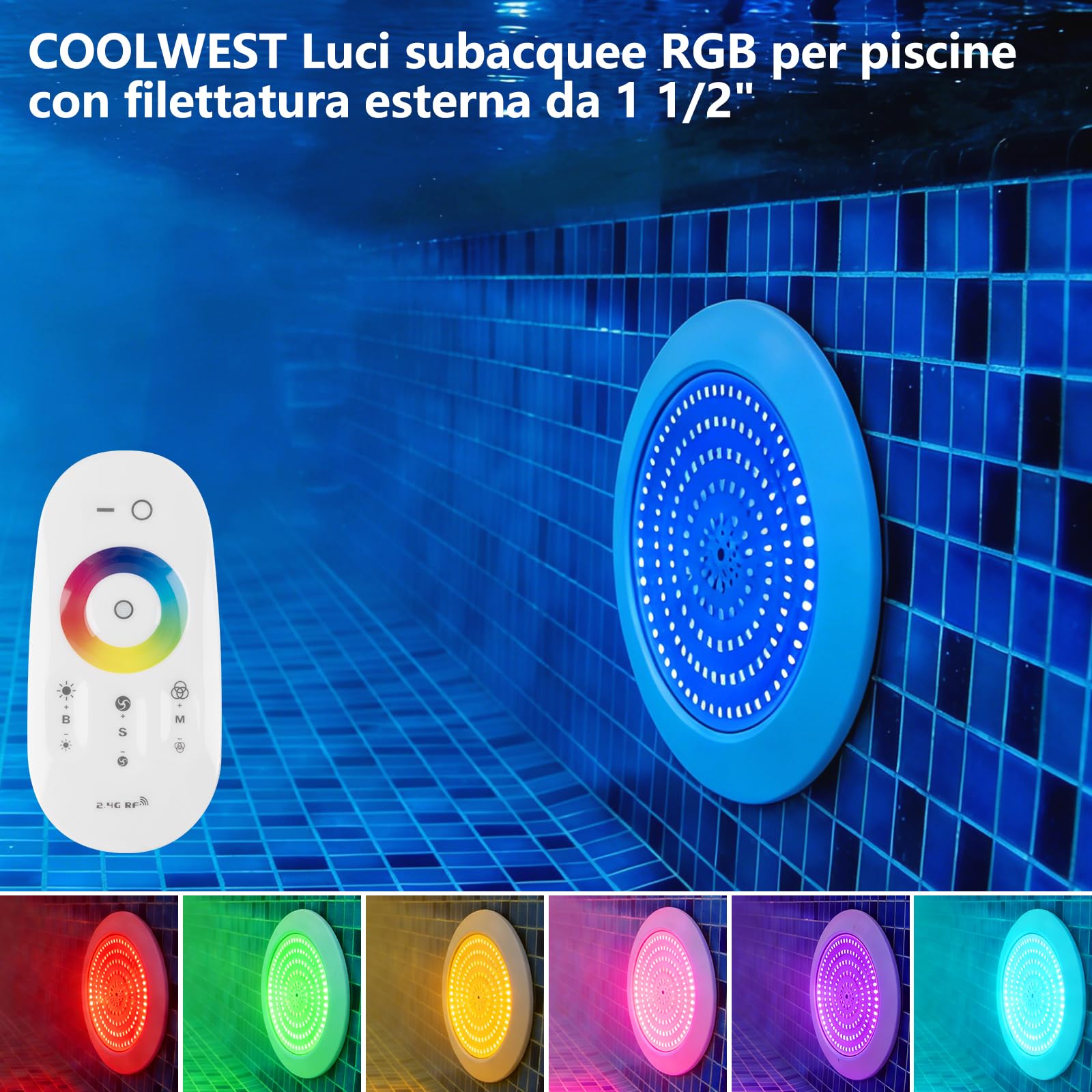COOLWEST Proiettore Piscina LED con Filettatura 1 1/2", 25W Lampade Piscina RGB Multicolore con Telecomando, Ø180mm, 24V DC IP68 Impermeabile Luci per Piscinas Cemento SPA