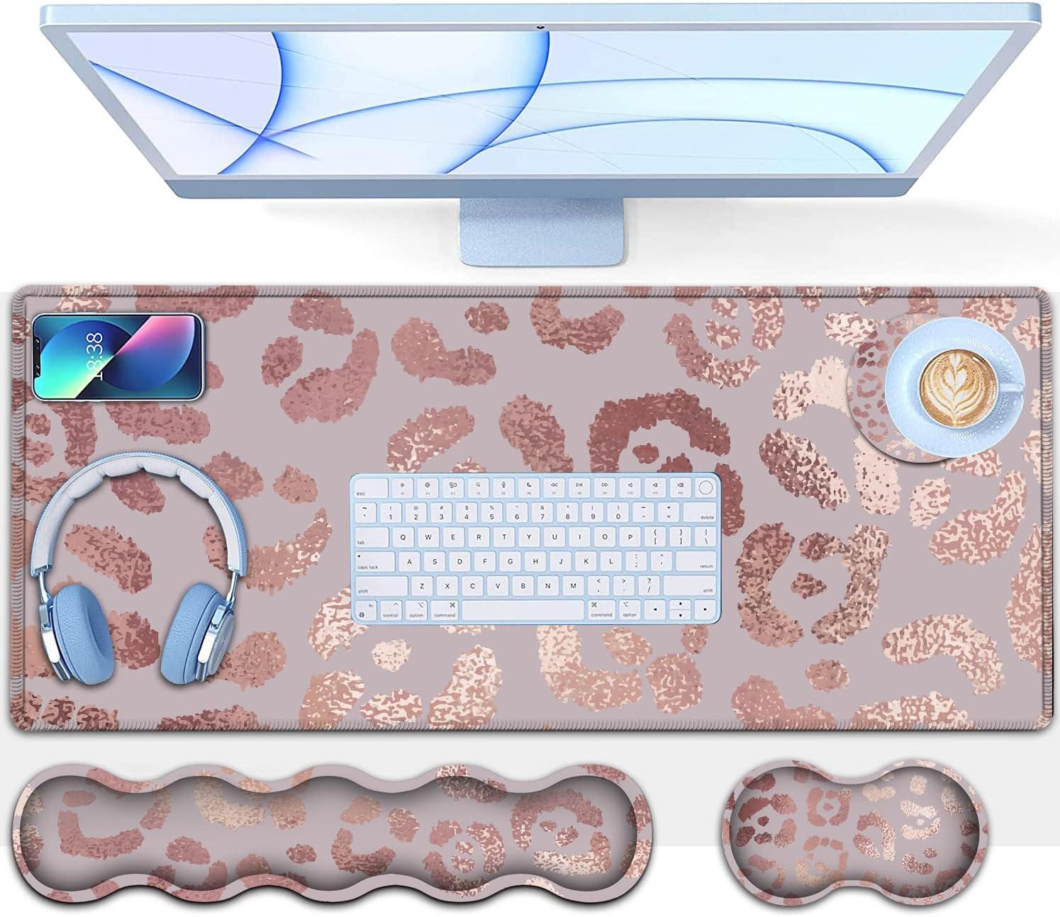 Rose Gold Leopard Pink XXL Mouse Mat - 31.5x11.8in Waterproof Gaming Mouse Pad with Ergonomic Memory Foam Wrist Rest Support for Home Office