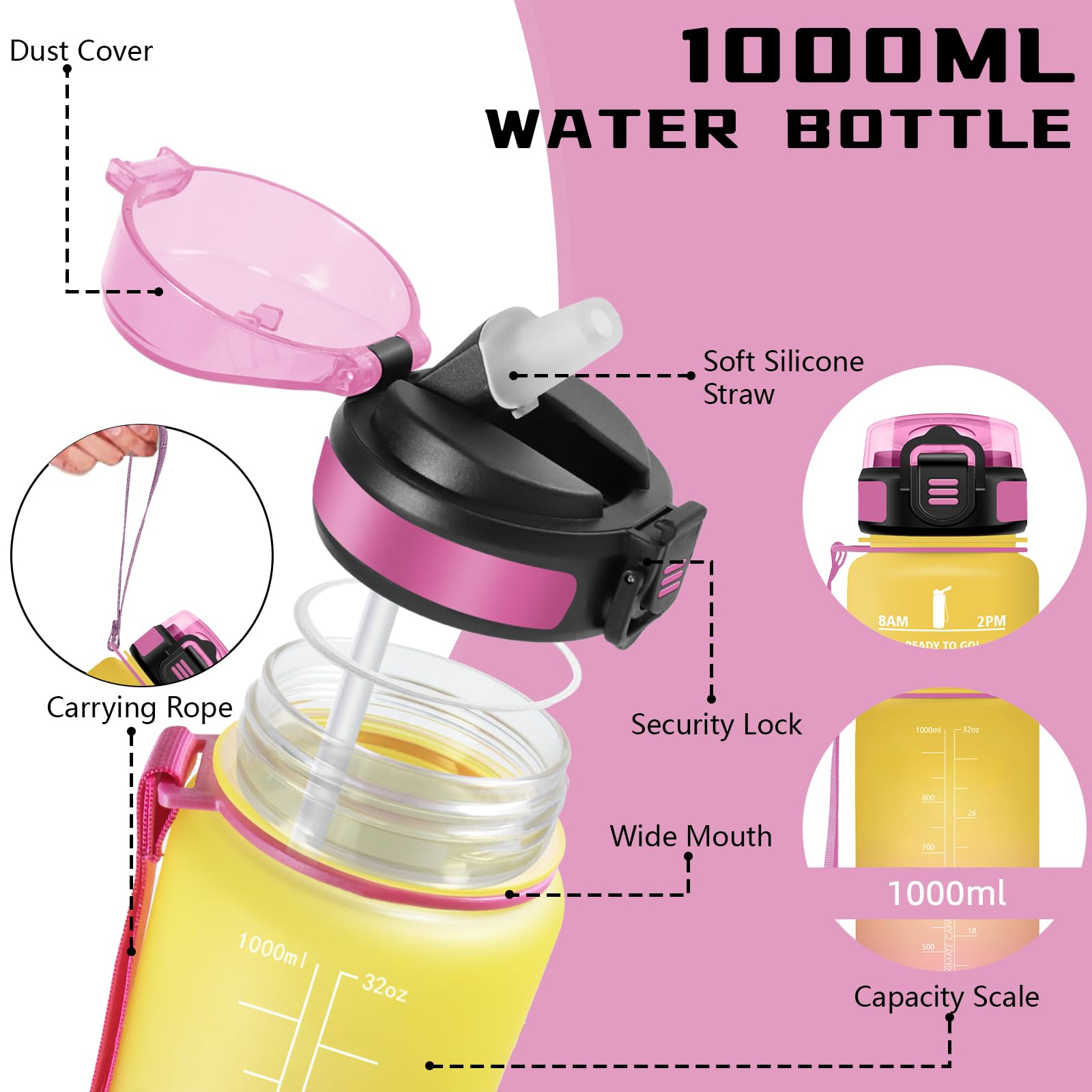 Mujigaga Borraccia 1 litro, Borraccia con Cannuccia, Senza Perdite, Borraccie Palestra, Facile da Trasportare, Borraccie Motivazional, Borracce per Scuole, Yoga, Ciclismo, Campeggio, Nuotare