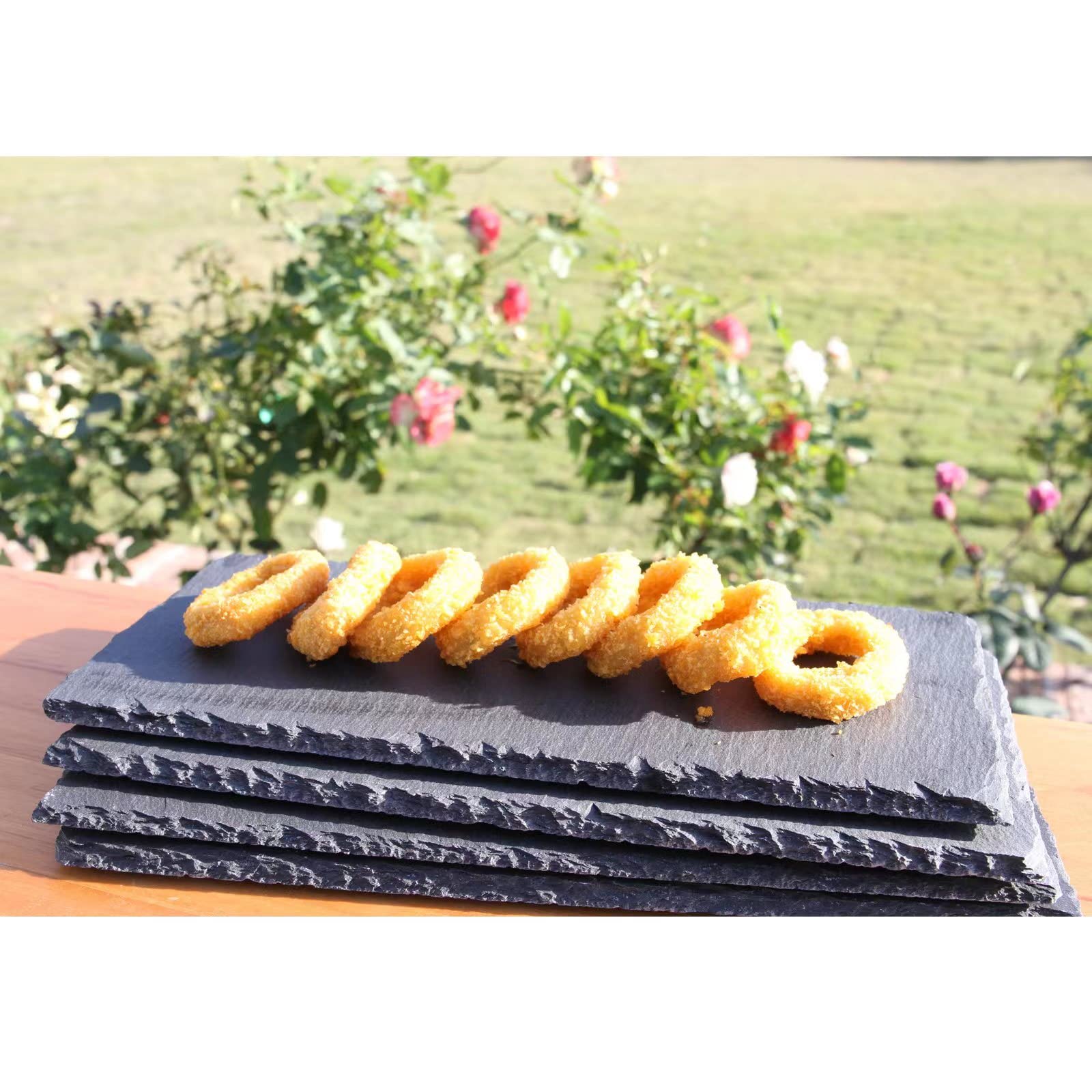 Paquete de 5 tablas de queso de pizarra natural negra de 12 x 5.5 pulgadas con borde natural para cocina, comedor, fiesta, platos de piedra para pasteles, frutas, carne, aperitivos, frutas