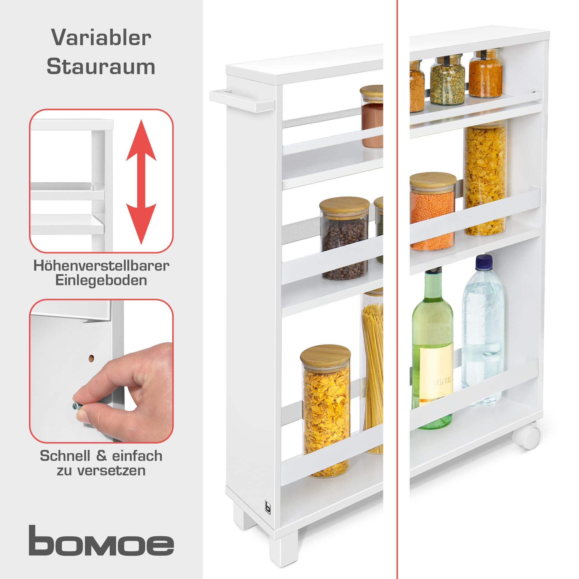 bomoe Nischenregal 15cm breit – Küchenwagen Küchenregal Schmal – Rollwagen Schmal 3 Fächer & Arbeitsplatte – Nischenschrank Küche Bad Büro – Bathroom Cart Nischenwagen Weiß 79x50 cm – Hylla