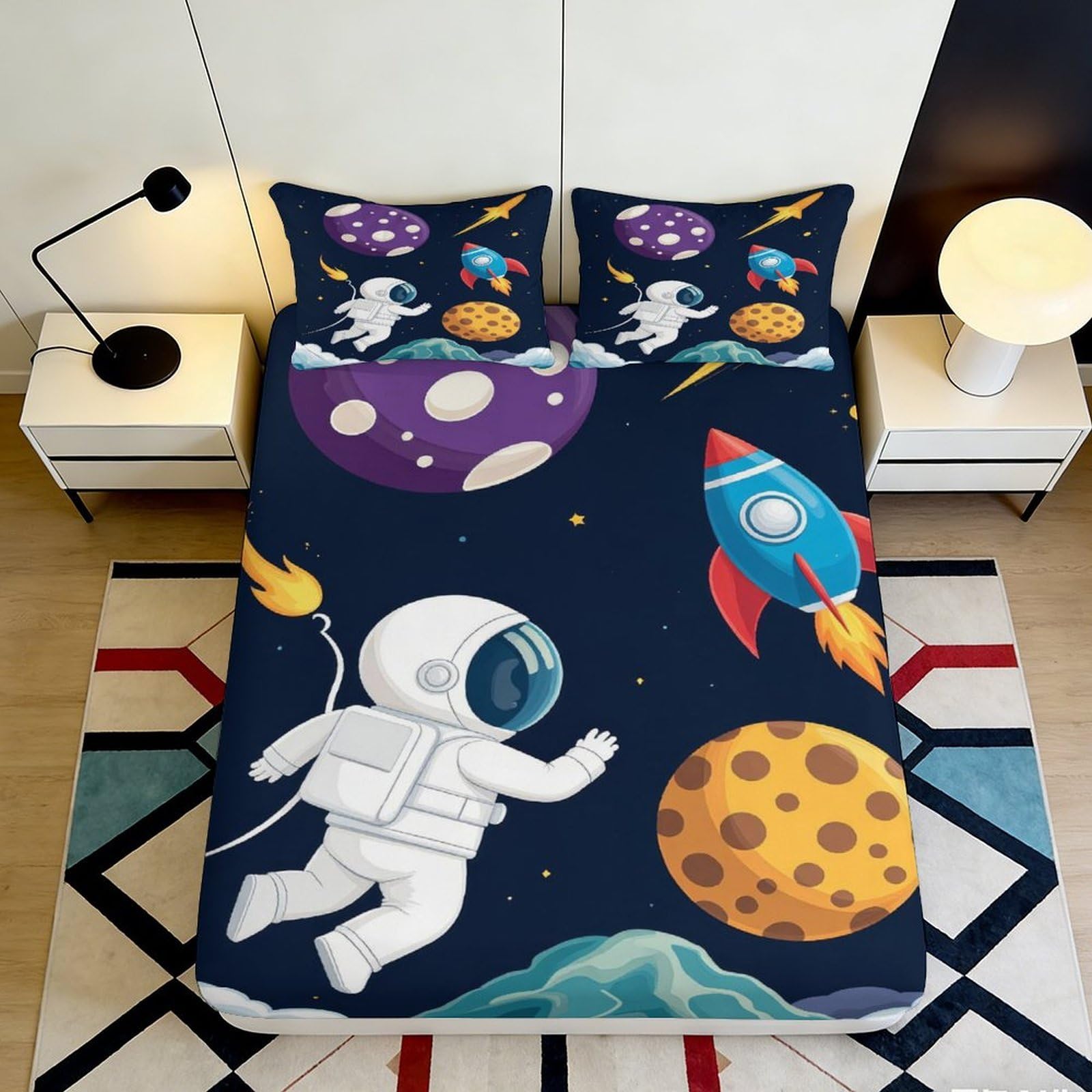 3D Printed Astronaut Space Adventure Fitted Sheet Microfiber Soft Breathable Rocket Planet Bed Cover for Bedroom Dorm Mattress Protection Decor 90x200x25cm
