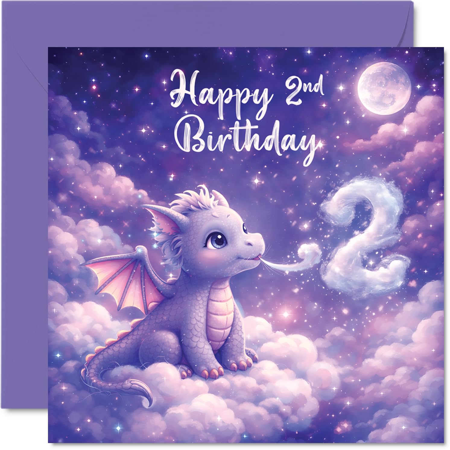 Cute 2nd Birthday Card - Magical Dragon Perched on Fluffy Clouds - Dreamy Pastel Artwork for a Whimsical Birthday - 145mm Square, Envelope Included