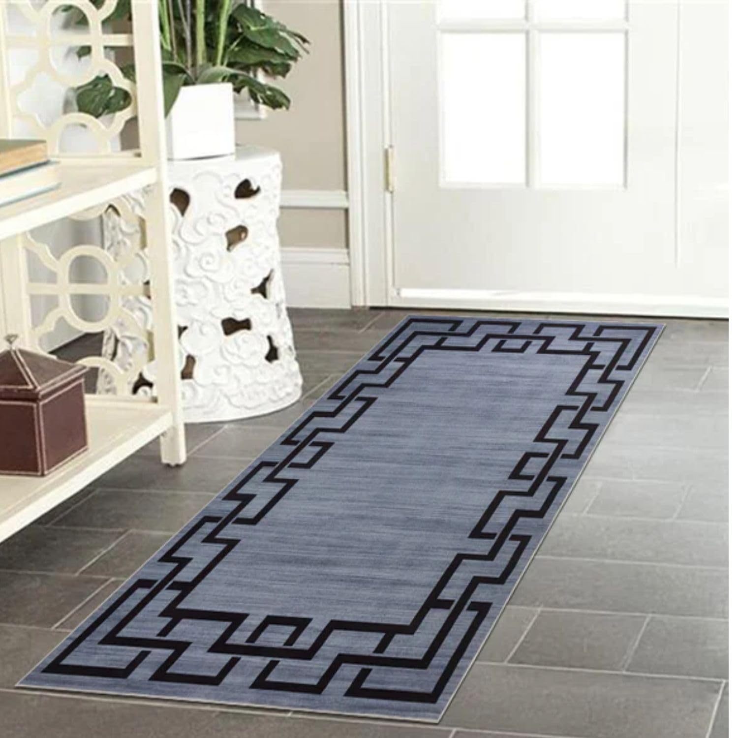BedLooms Runner Rugs for Hallway Non-Slip Entryway Bedside Rugs 60x110 cm Greek Key Pattern Printed Design Grey and Black bedroom Living Room Rug (Nico)