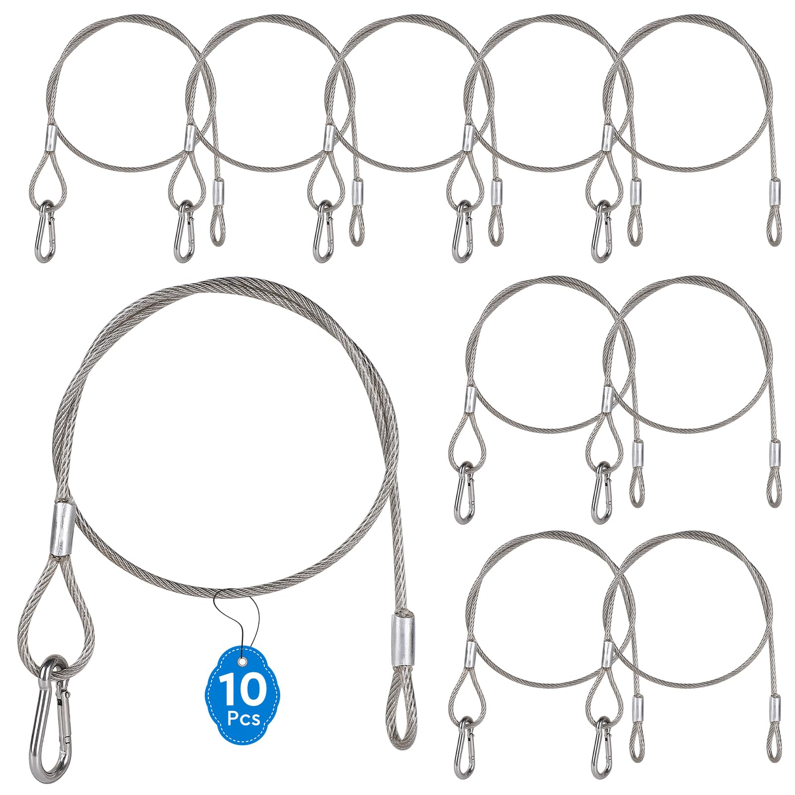 EFUTURETIME 10 x Cavo di Sicurezza in Acciaio Inox da 80 cm con Moschettone di Sicurezza n° 5, Cavetto Ø4 mm con Guaina in PVC Trasparente per Appendimanto Luci, Portata 50 kg