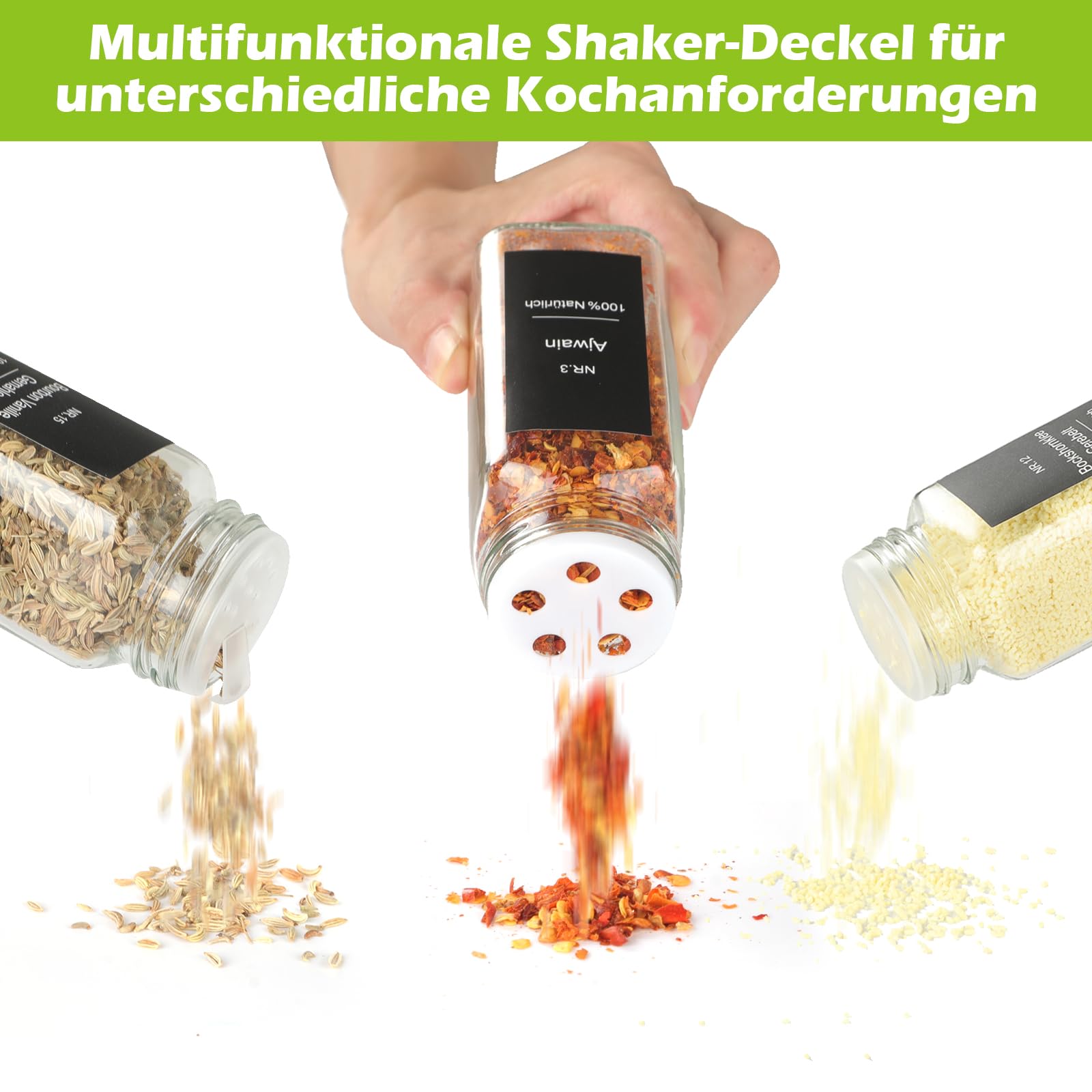 30er Set Gewürzgläser Eckig mit Streueinsatz - mit 324 Deutsch Wasserfeste Label - 120ml Luftdichte Gewürzgläser Schwarz - Gewürzstreuer Glas Organizer - Gewürzbehälter Spice Jars - Gewürzdosen Set