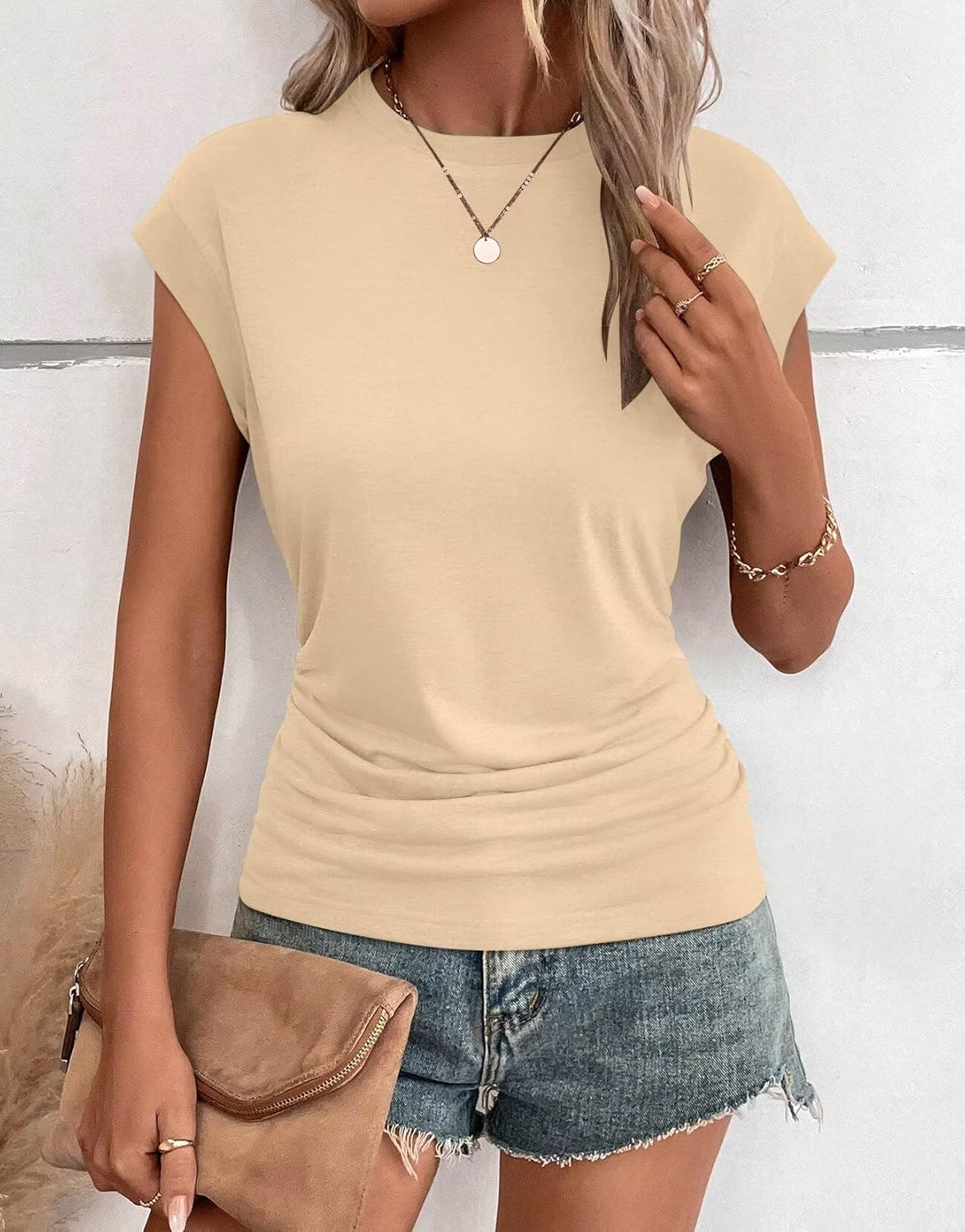 2Pack Womens Fall Cap Sleeve Tops Business Casual Crewneck Ruched T Shirts Trendy Outfits Beach Vacation Clothes - Image 3