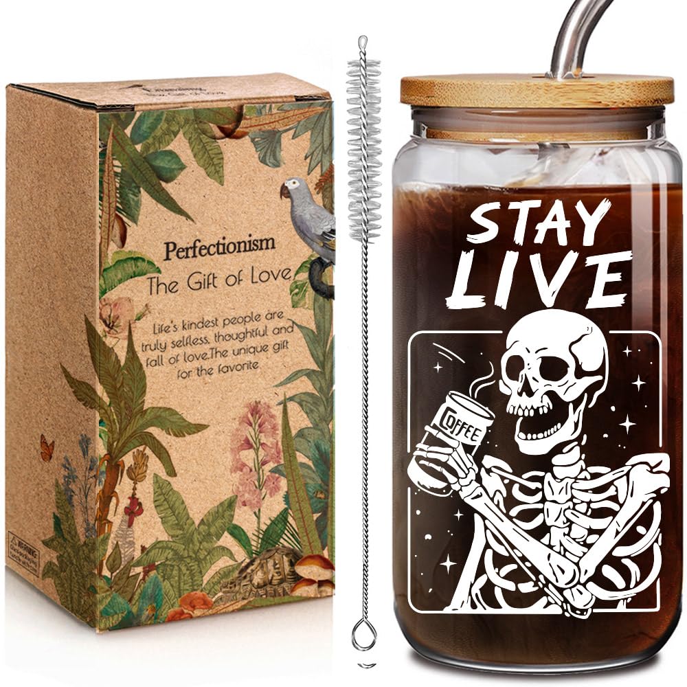Enanaimg Funny Skeleton Glass Cups with Lids and Straws, Novelty Stay Live Cute Skull Coffee Mug Tumbler Cup, Skeleton Cup Gifts for Coffee Lover, Spooky Witch Witchy Birthday Gifts for Women 16OZ
