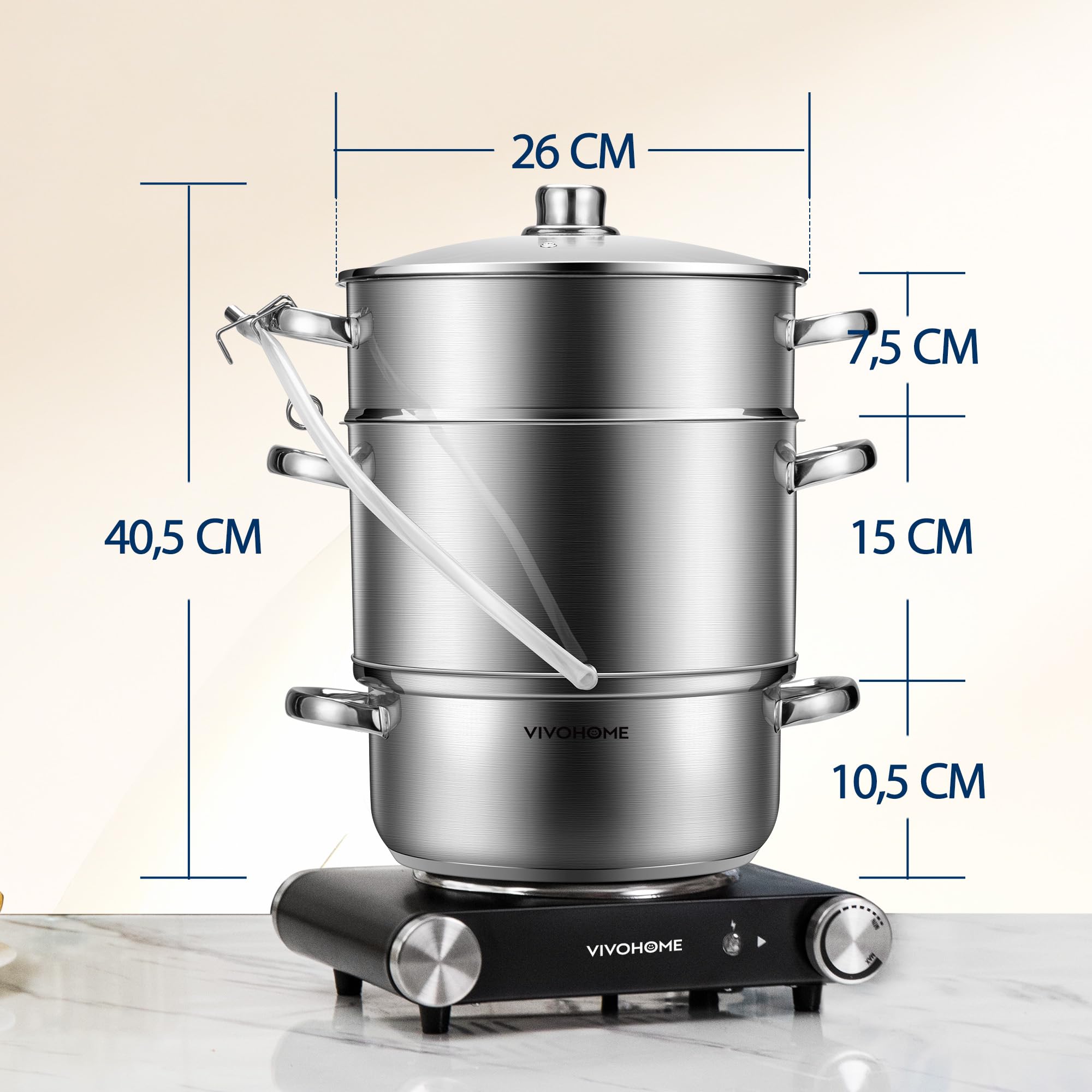 VIVOHOME Exprimidor de Vapor con Tapa de Vidrio 8L Extractor de Frutas | Ø 26cm, Acero Inoxidable, Verduras Casero con Tubo, Apto para Lavavajillas, para Todas las Cocinas, incluida Inducción