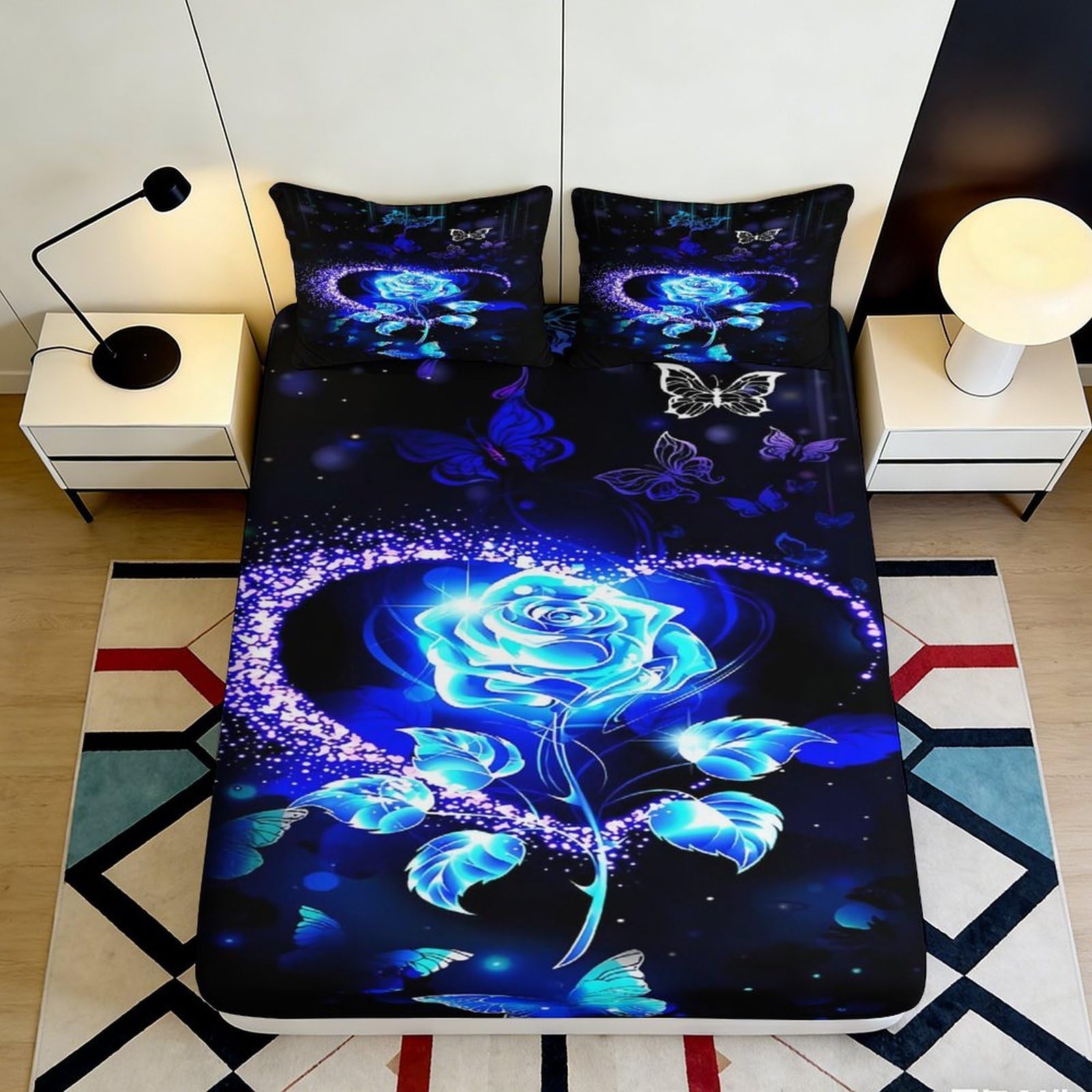 3D Printed Blue Rose Fitted Sheet Microfiber Butterfly Mattress Cover Anti-Slip Machine Washable for Bedroom Decor 90x200x25cm
