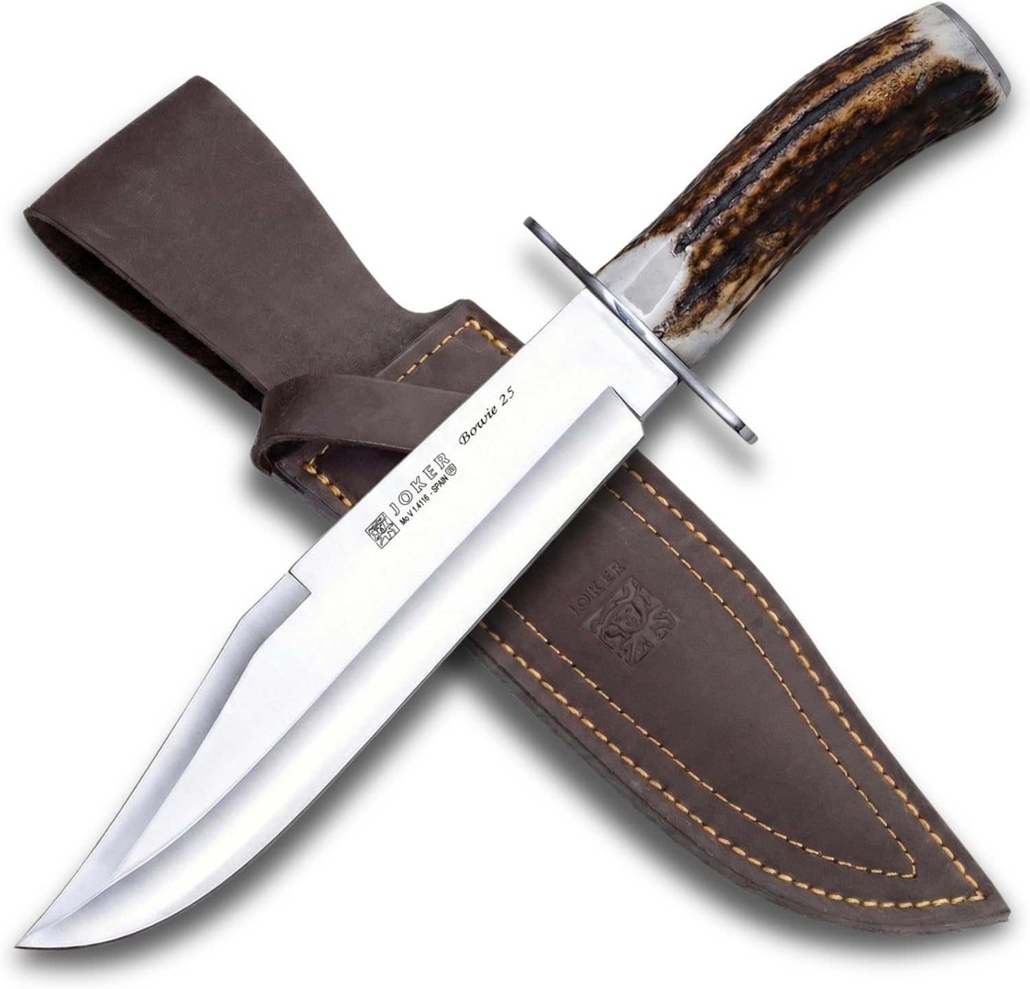 Joker hunting knife CC101 deer horn handle, 9.84 inches MOVA Steel blade, brown leather sheath, tool for fishing, hunting, camping and hiking