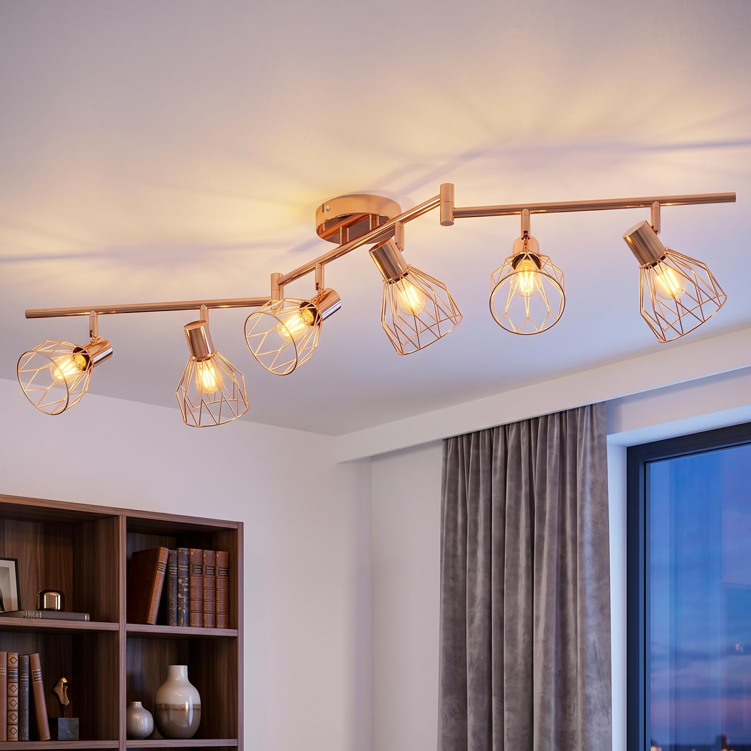 ANWIO Kitchen Lights Ceiling,6 Way Rose Golden Lounge Industrial Wall Lights-Adjustable SpotLights Ceiling Lights Wire Cage with E14 Base, Light Fittings Ceilings for Kitchen Living Room(NO Bulbs) — image 1