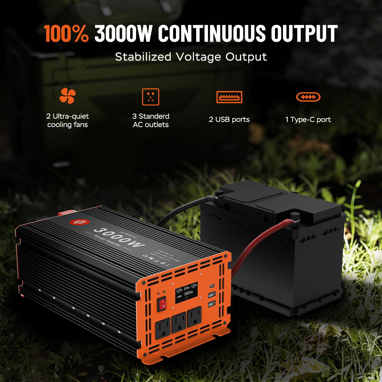 3000 Watt Power Inverter 12V DC to 110V/120V AC Converter Peak Power 6000W Car Inverter with LCD Display 2 AC Outlets USB Port Cables Included for RV,Truck,Off-Grid Solar System Remote Controller