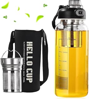 GOMETY 1L Trinkflasche Glas mit Teeabfluss, 1000 ml Wasserflasche Glas aus Borosilikatglas Tragbar Auslaufsicher Große Glasflasche für Teeliebhaber Gym Sport Outdoor Fitness Büro BPA-frei (1L)