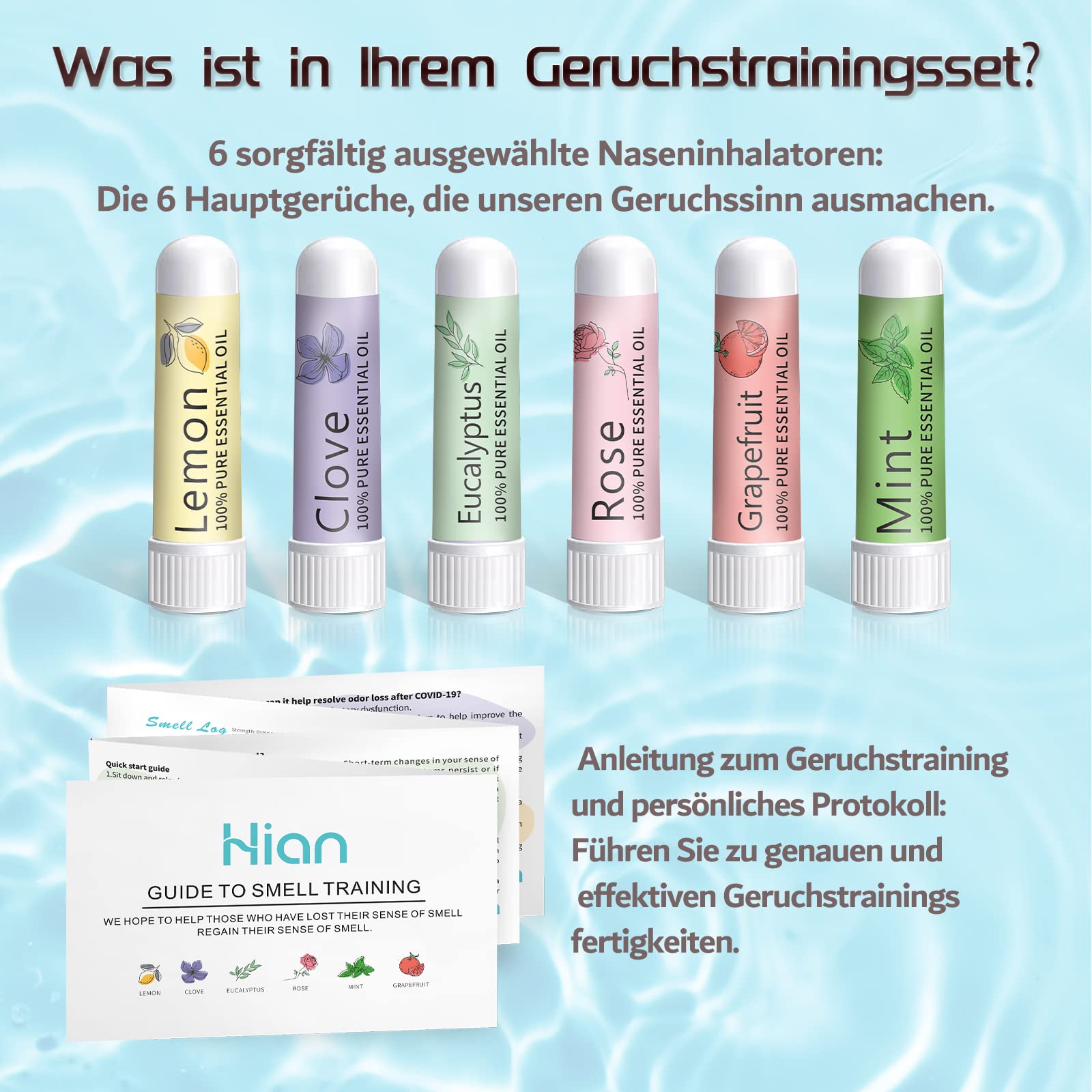 Hion Kit de Formation Smell, 6 Huiles Essentielles, kit de Formation Olfactif Aide à Retrouver Votre Sens de l'odorat, Huiles Essentielles de Citron Menthe Rose Pamplemousse Clou de Girofle