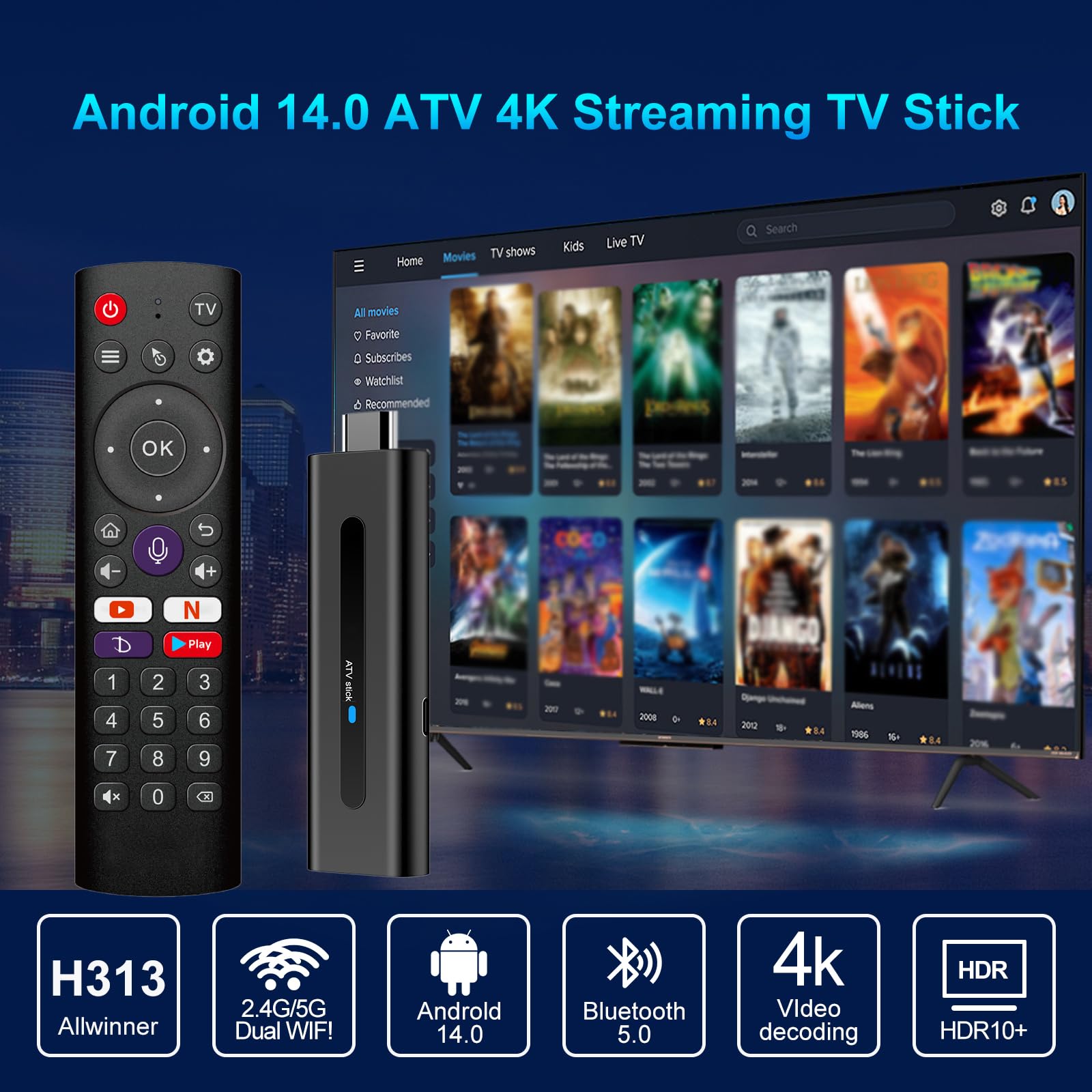 Android TV Stick 4K 2G+16GB H313 Quad-Core 64bit WiFi5 Dual 2.4G/5G WiFi HDR10+ HD Smart TV Stick Box (H 2+16APP)