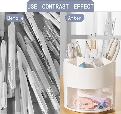 Miniatura 3 de Portalápices giratorio de 360 grados con cajón, 5 compartimentos de escritorio estacionario para brochas de maquillaje cosmético para tocador,